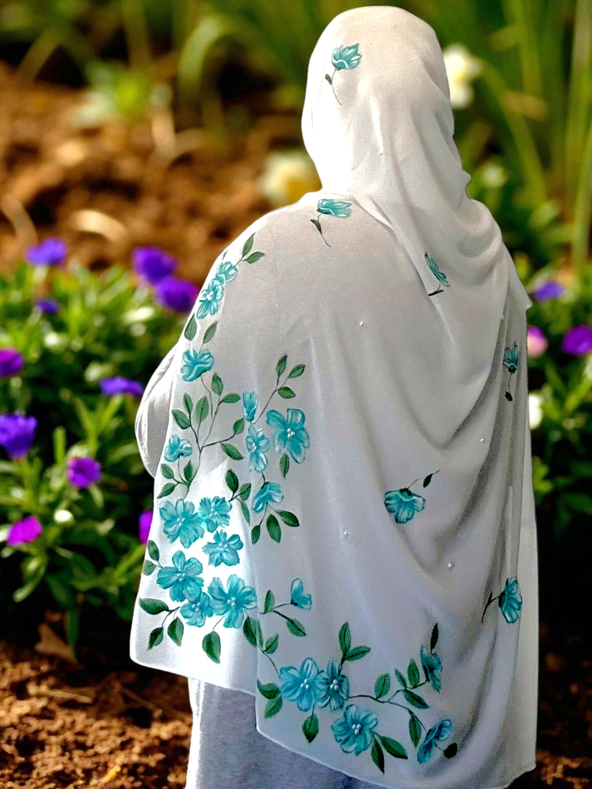 Hand-Painted Elegant White Scarf  Embellished with Beads