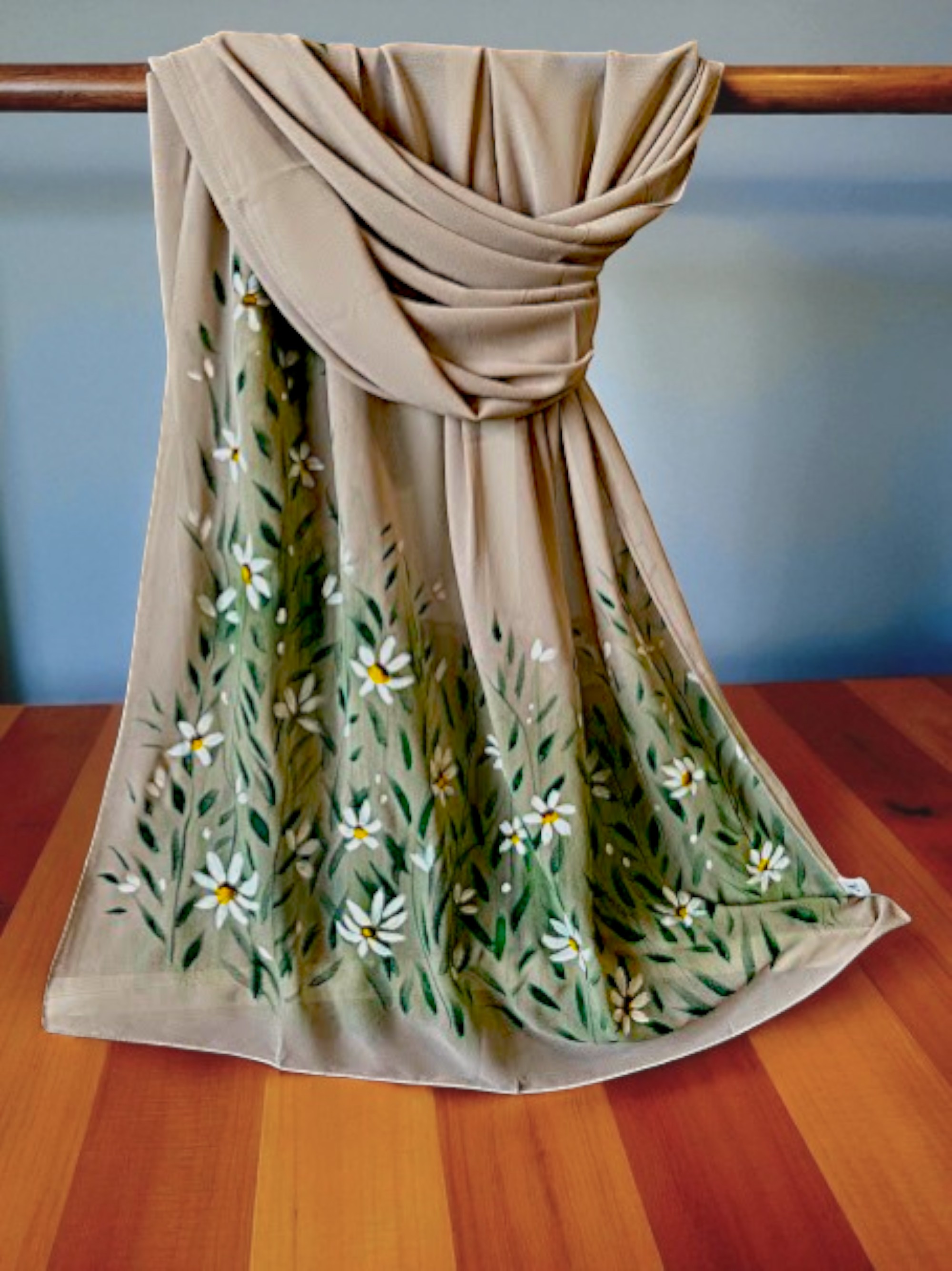 Hand-Painted Beige scarf with White Daisies