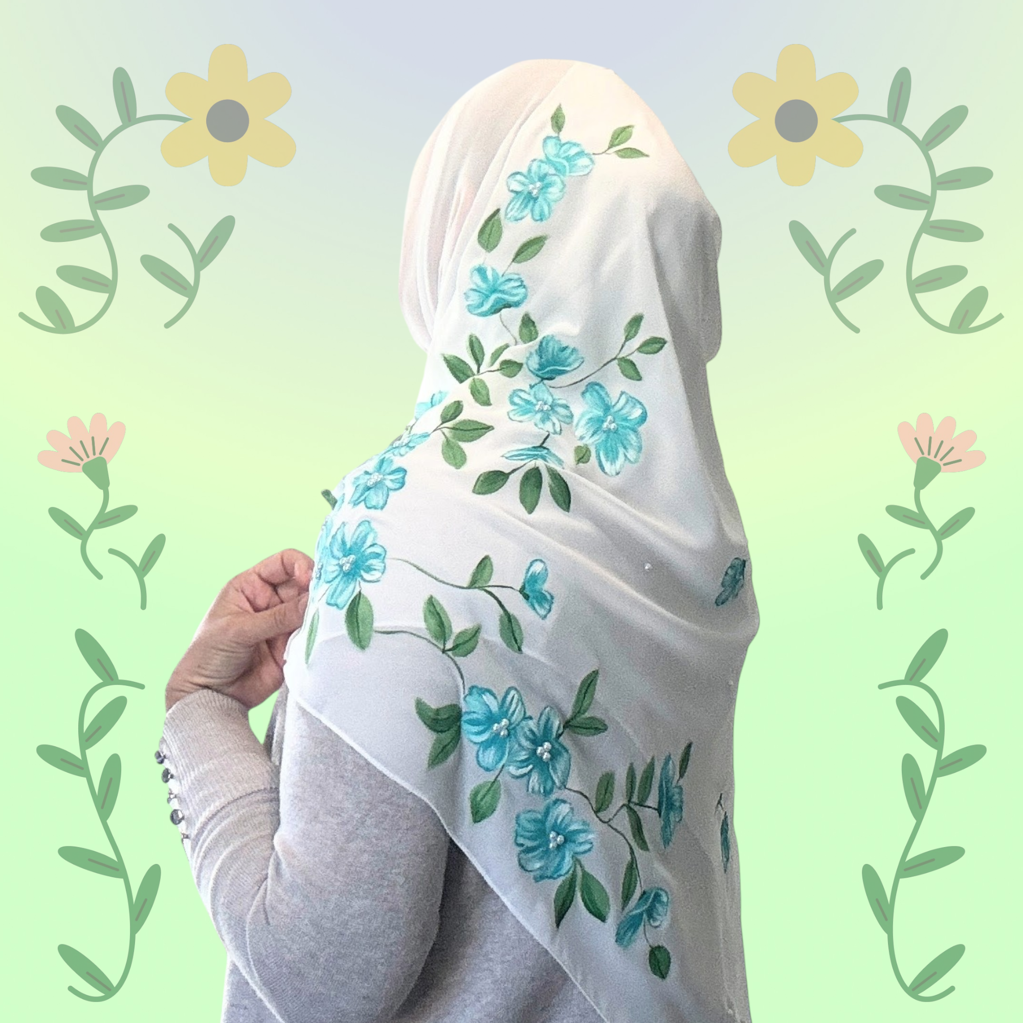 Hand-Painted Elegant White Scarf  Embellished with Beads