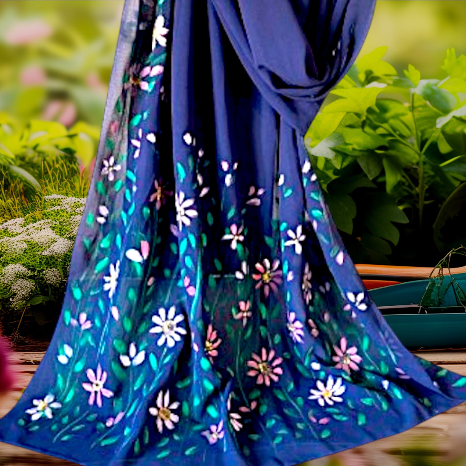 Hand-Painted Blue Hijab with Pink Daisies