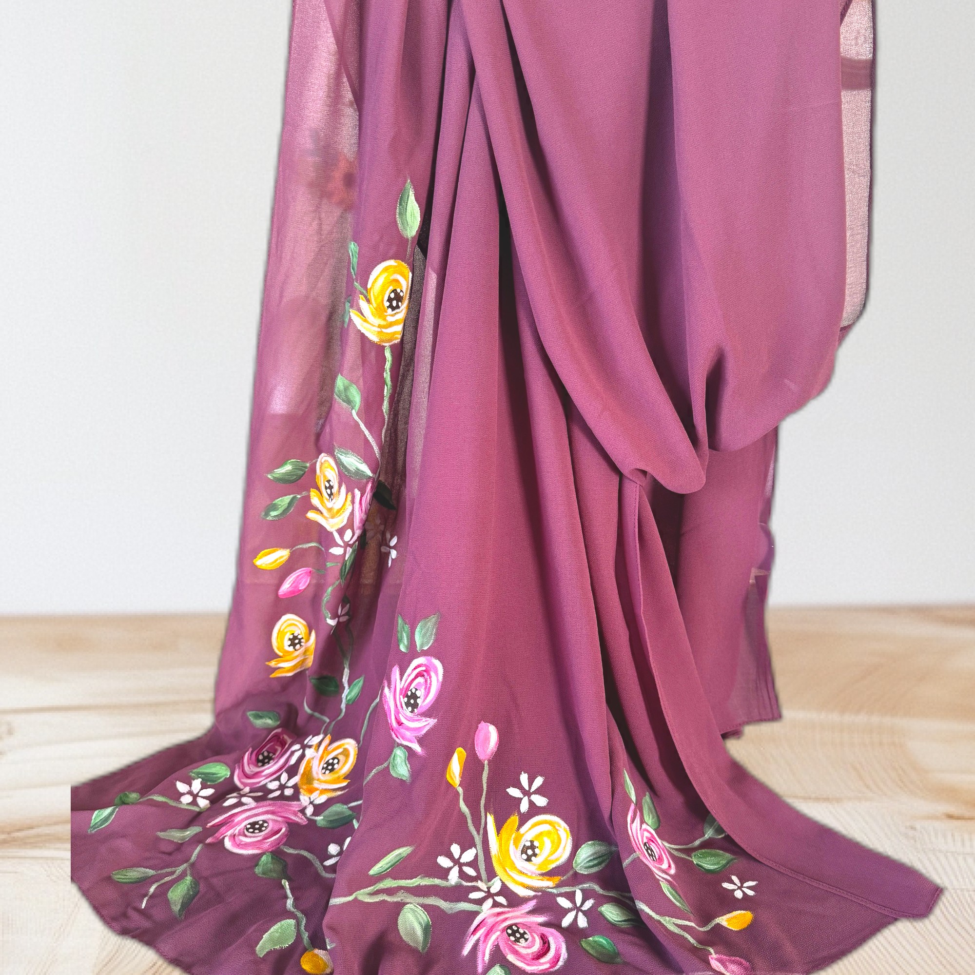 Hand-Painted Chiffon & Georgette Scarf, Mauve, Silver Grey & Maroon