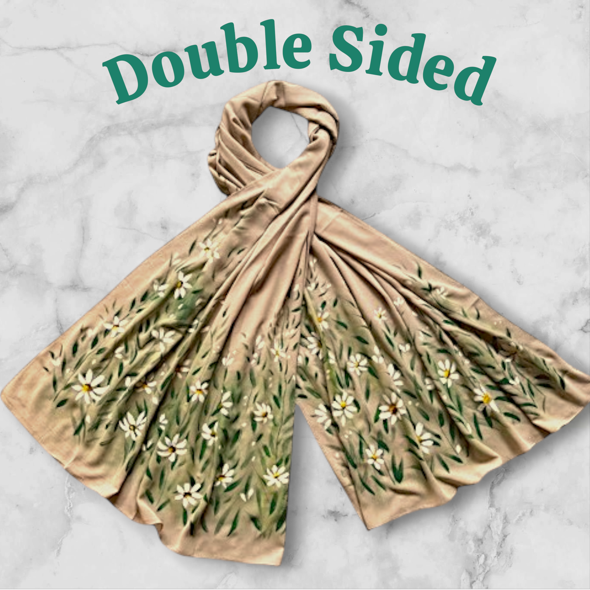 Hand-Painted Beige Hijab with White Daisies