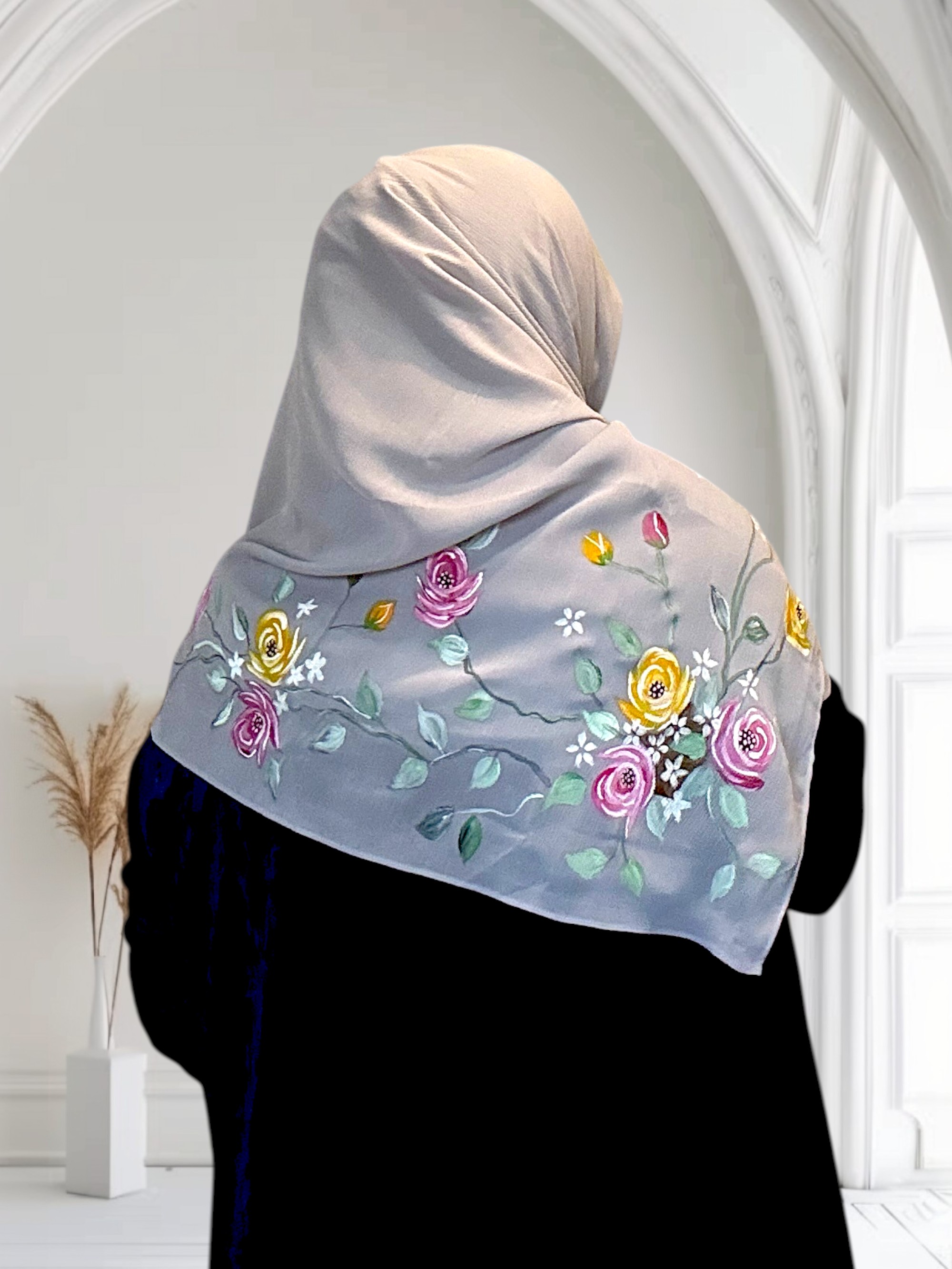 Hand-Painted Chiffon & Georgette Scarf, Mauve, Silver Grey & Maroon