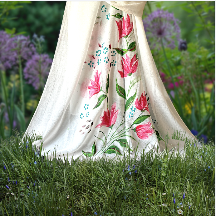  White Chiffon Hijab with Hand-Painted Tulips