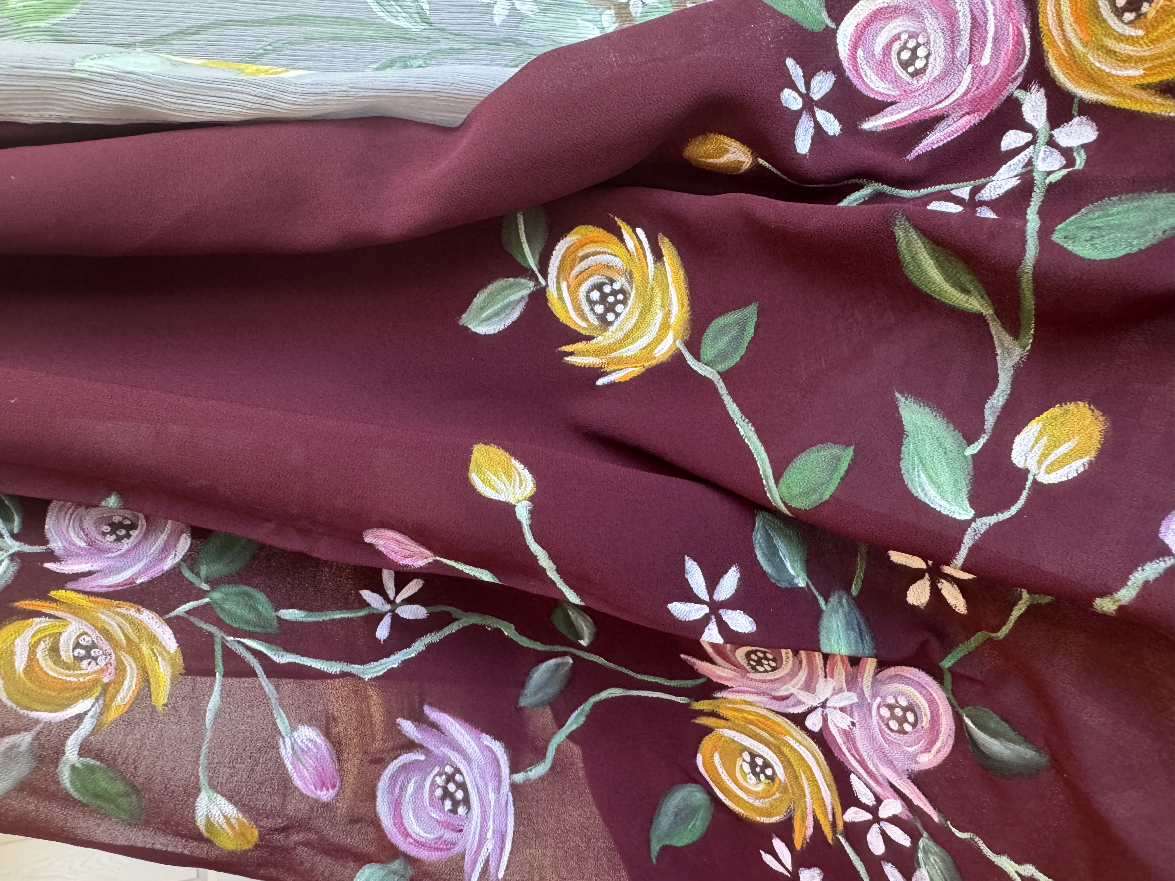 Hand-Painted Chiffon Scarf Mauve,  Maroon & Sliver in Georgette
