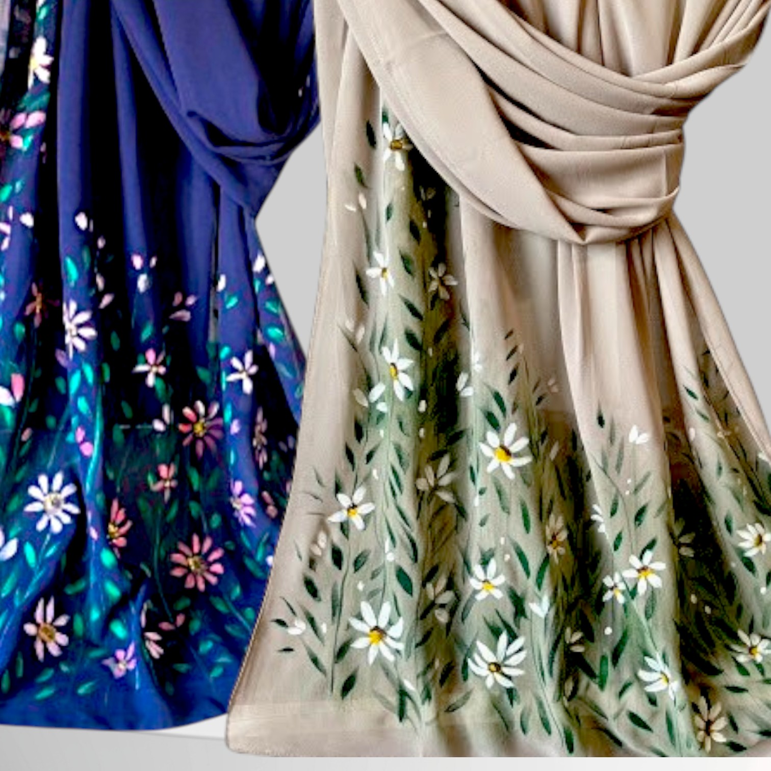 Hand-Painted Beige Hijab with White Daisies