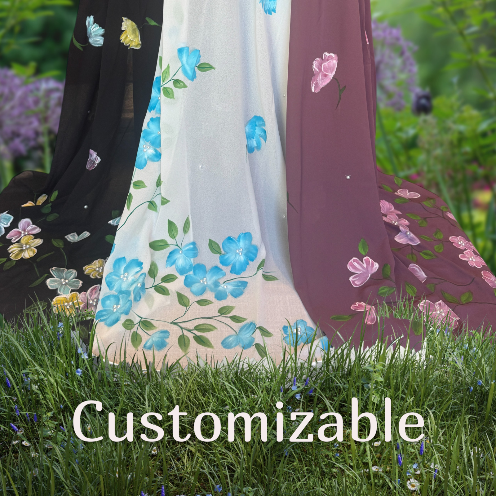 Hand-Painted Beige Chiffon Hijab Embellished with Beads