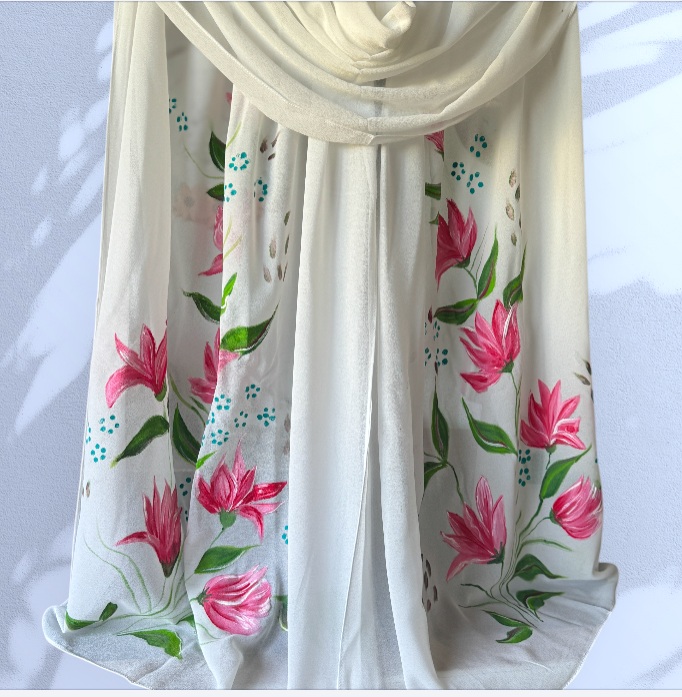  White Chiffon Hijab with Hand-Painted Tulips
