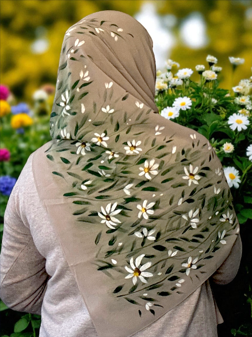 Hand-Painted Beige Hijab with White Daisies