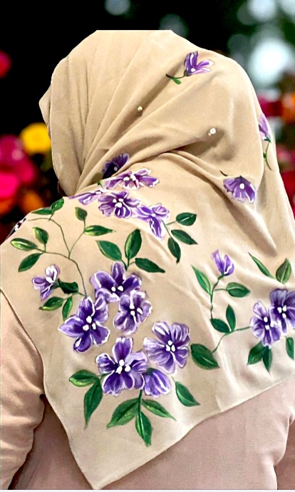 Hand-Painted Beige Chiffon Hijab Embellished with Beads