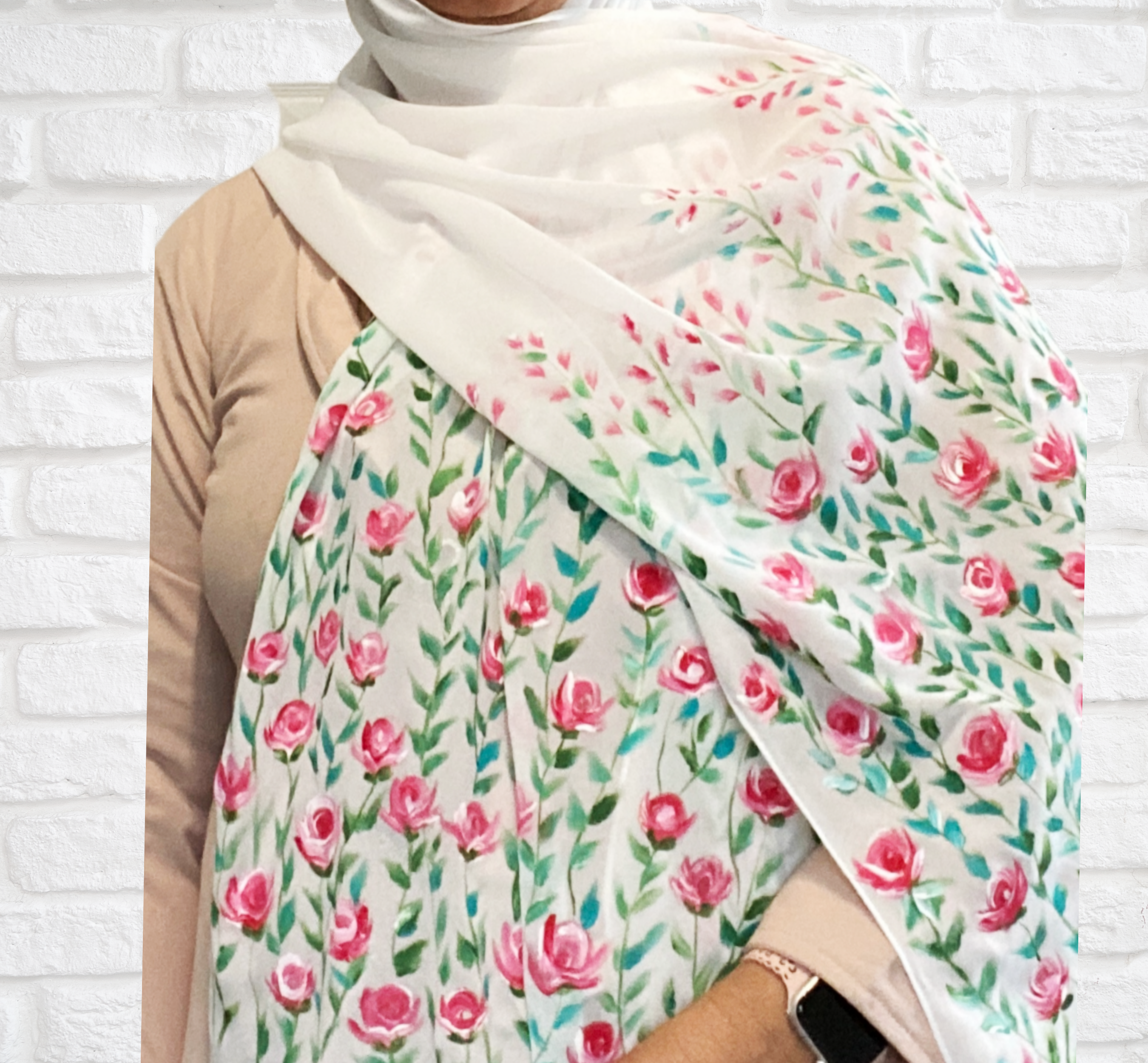 White Hand-painted Chiffon Hijab 