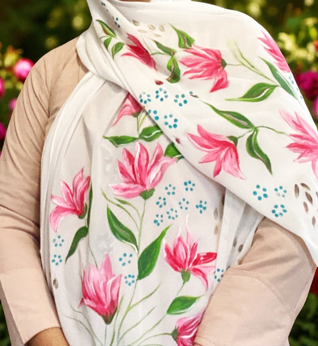  White Chiffon Hijab with Hand-Painted Tulips