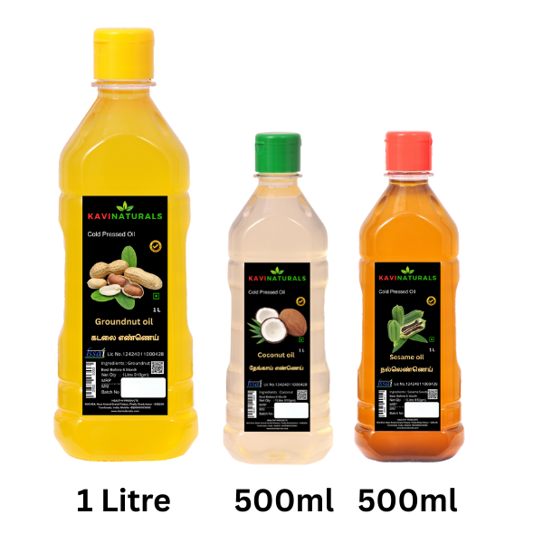 Groundnut oil 1Litre, Coconut oil 500ml, Sesame oil 500ml