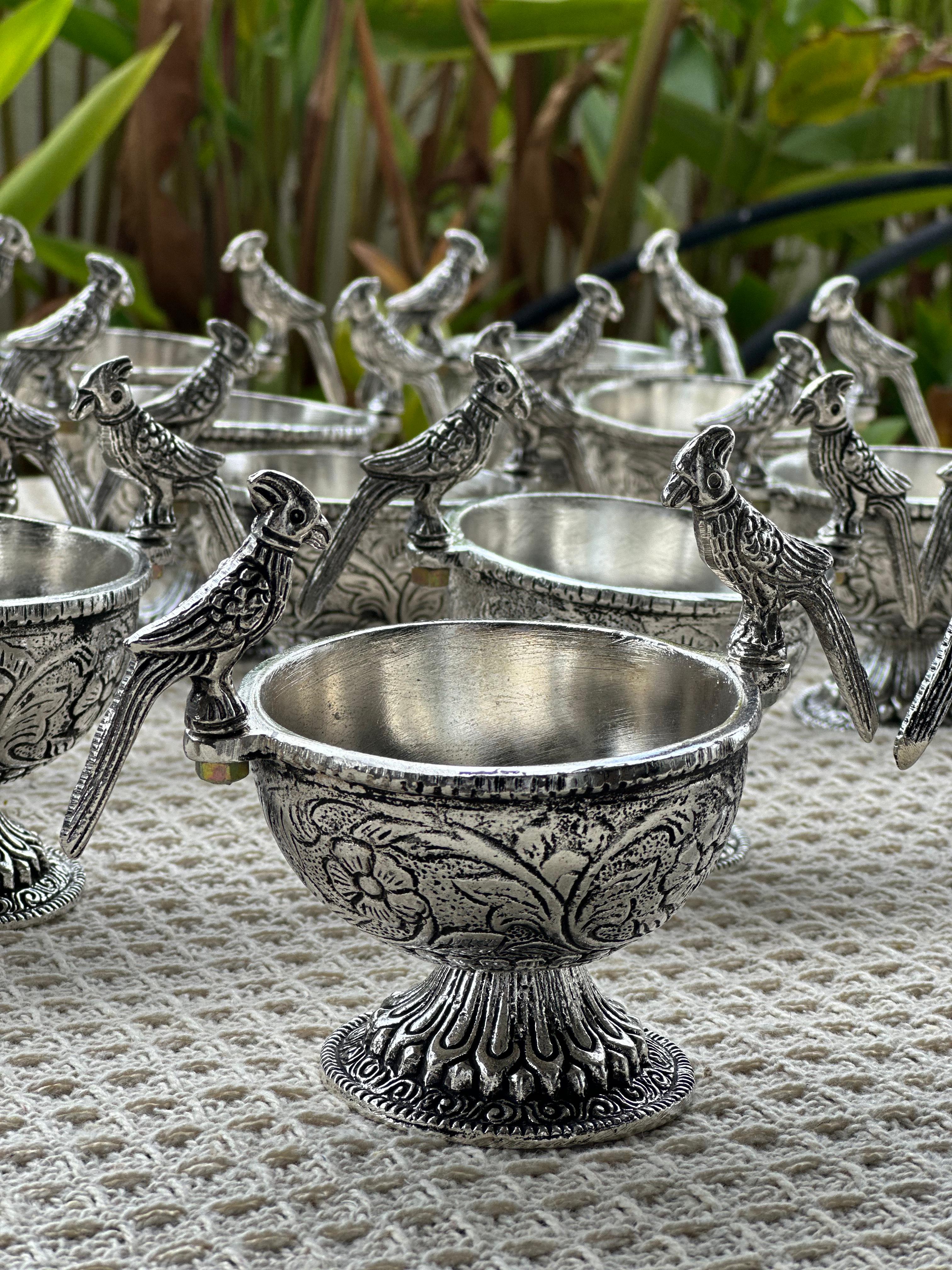 Handcrafted Silver-Plated Bowls with Bird Handle