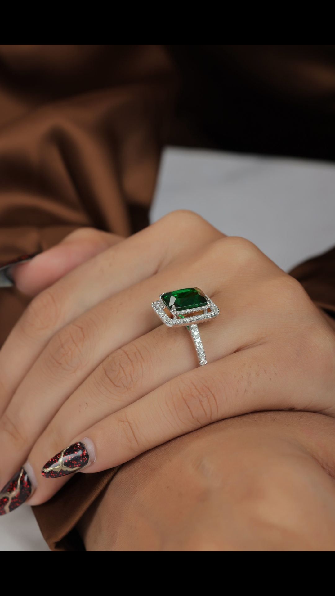 Emerald Green Gemstone & Moissanite Sterling Silver Statement Ring - Square Halo