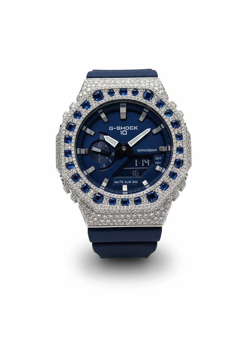 Custom G-Shock Watch | Blue Dial Iced Out with Moissanite & Blue Stones | Silver Luxury G-Shock | Unique Men’s & Women’s Gift