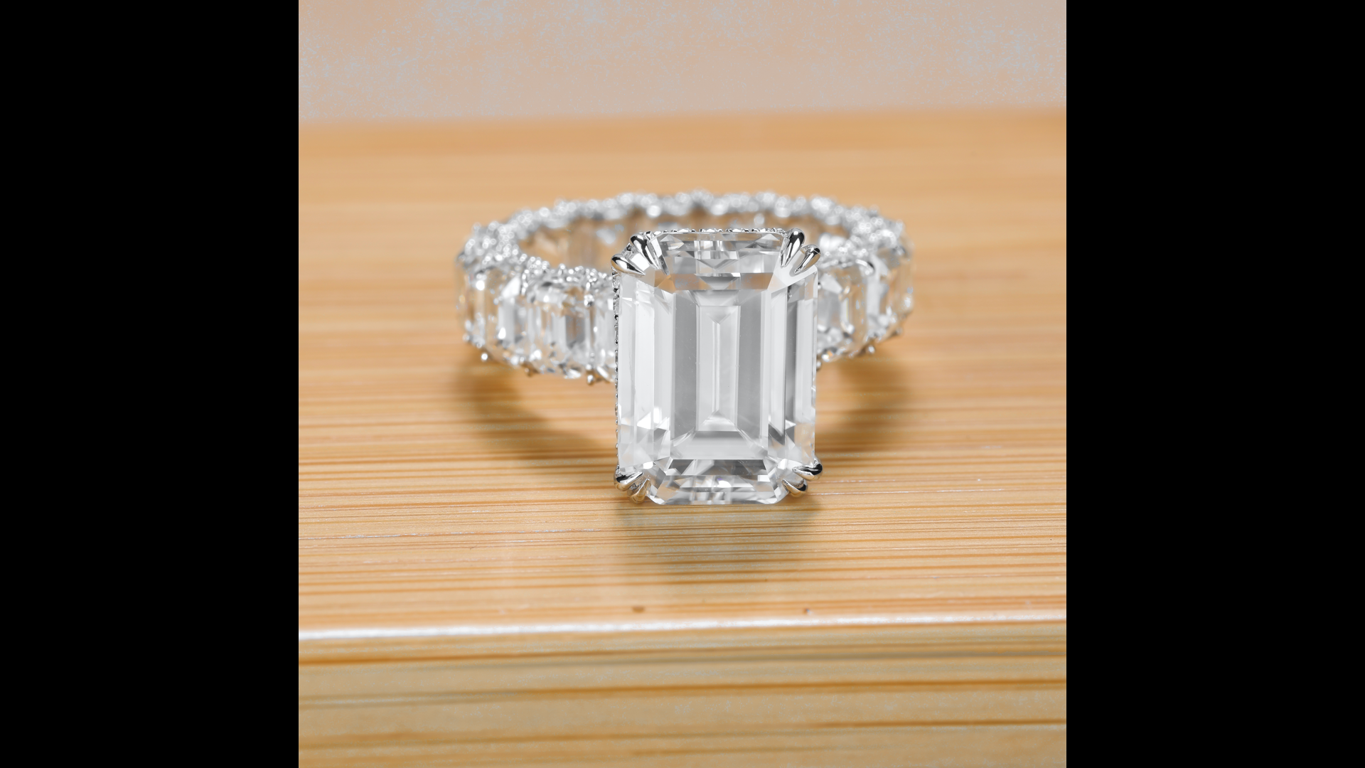 Emerald Moissanite Engagement Ring – 8 Carat Center Stone + 8 Carat Accent Diamonds – Luxury Emerald Cut Ring – Statement Wedding Ring