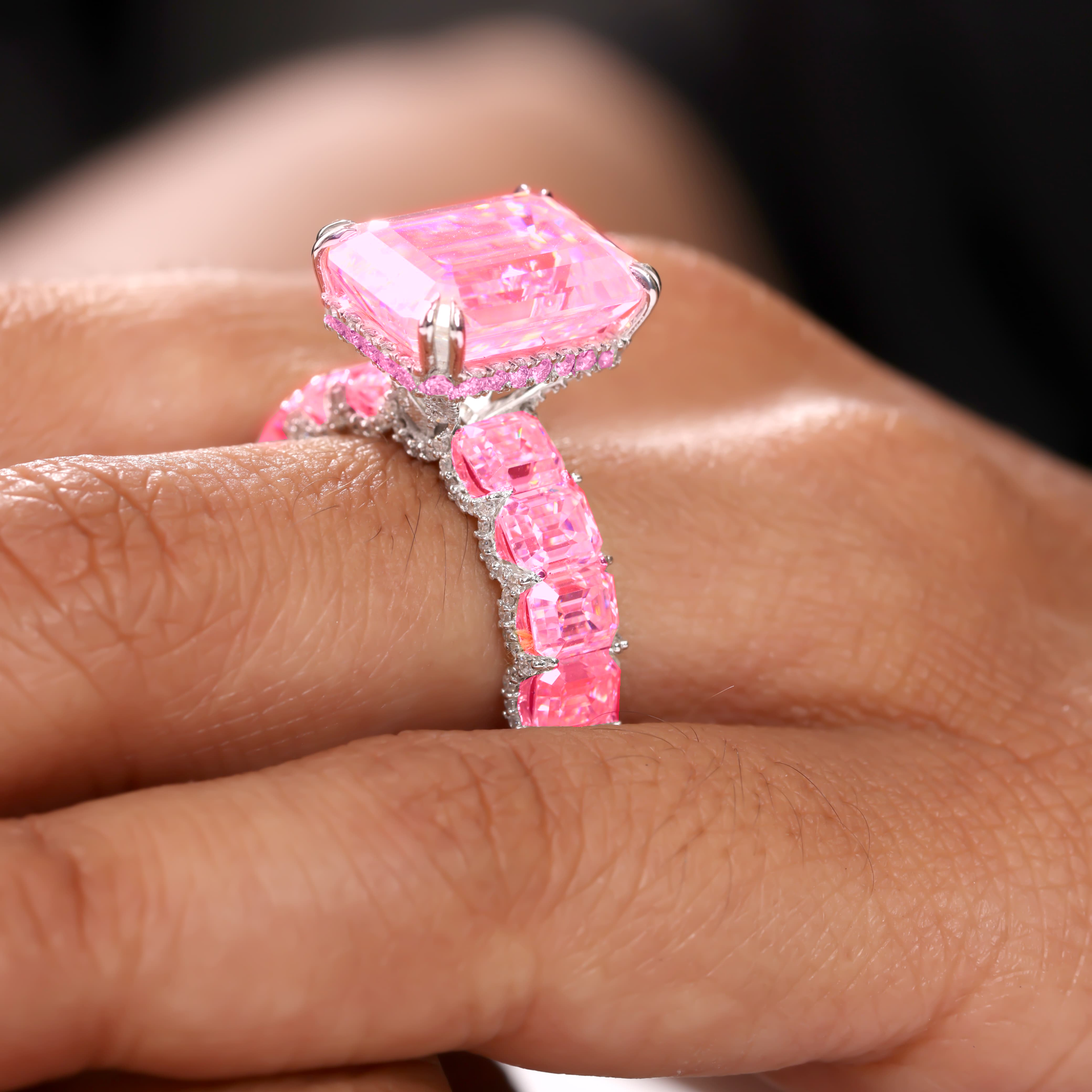 Emerald Cut Pink Sapphire Ring | Full Eternity Band Ring | Sterling Silver Statement Ring | Luxury Engagement Ring