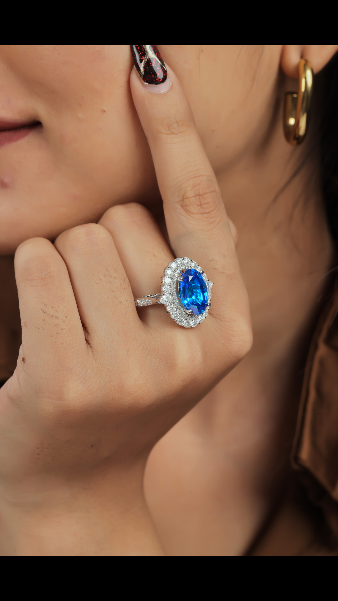 Blue Gemstone & White Moissanite Sterling Silver Statement Ring - Oval Halo Design