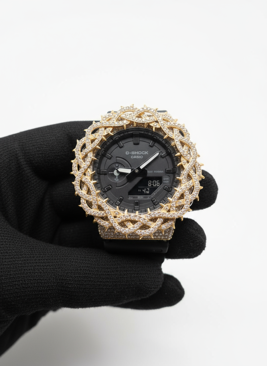 Custom G-Shock Watch | Gold Iced Out Moissanite Diamond Crown Bezel | Luxury Casio G-Shock | Hip Hop Men’s Jewelry Gift