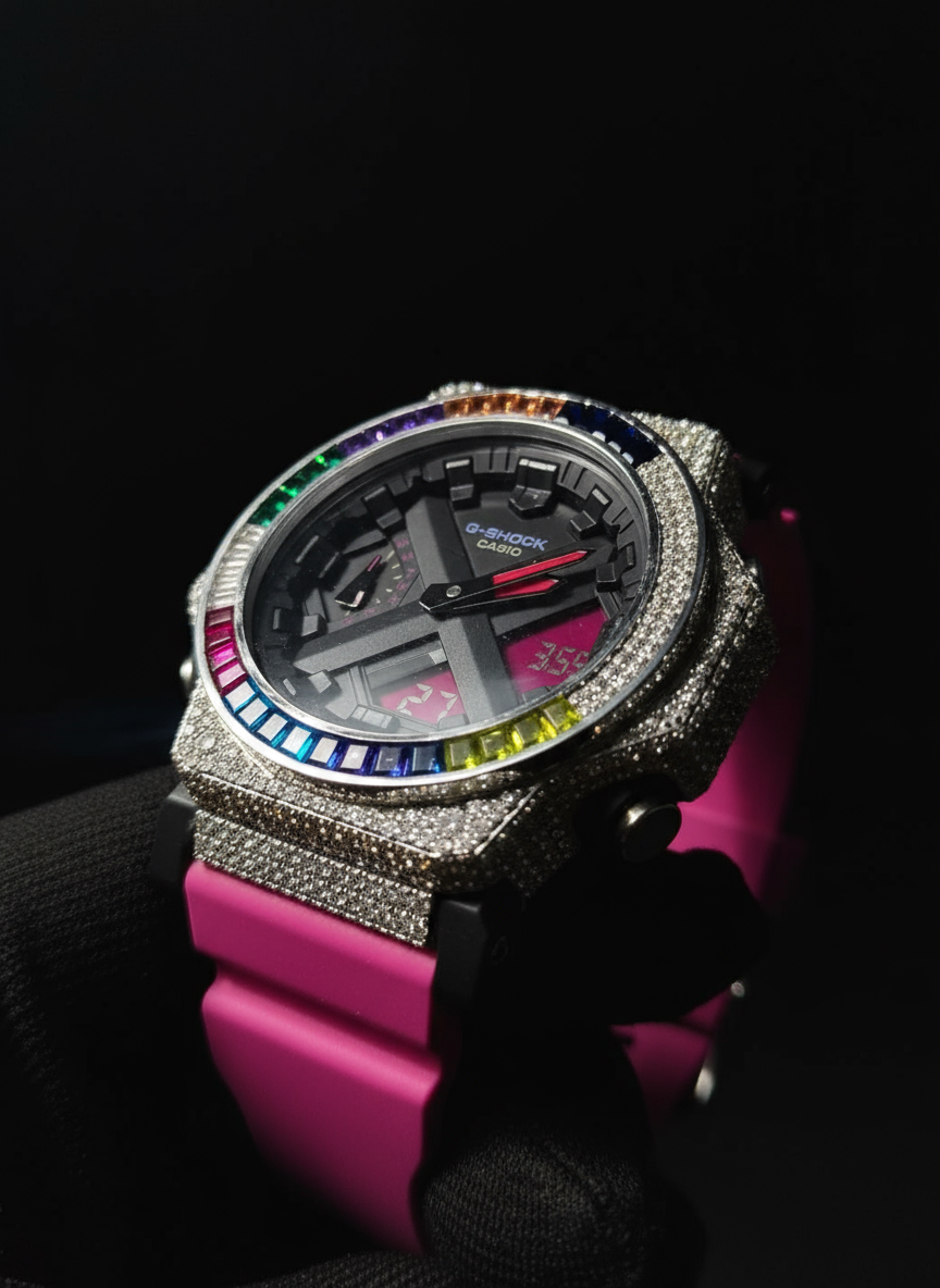 Custom G-Shock Watch | Silver & Moissanite Diamond Iced Out Rainbow Bezel | Luxury Casio G-Shock with Pink Strap | Unique Men’s & Women’s Gift