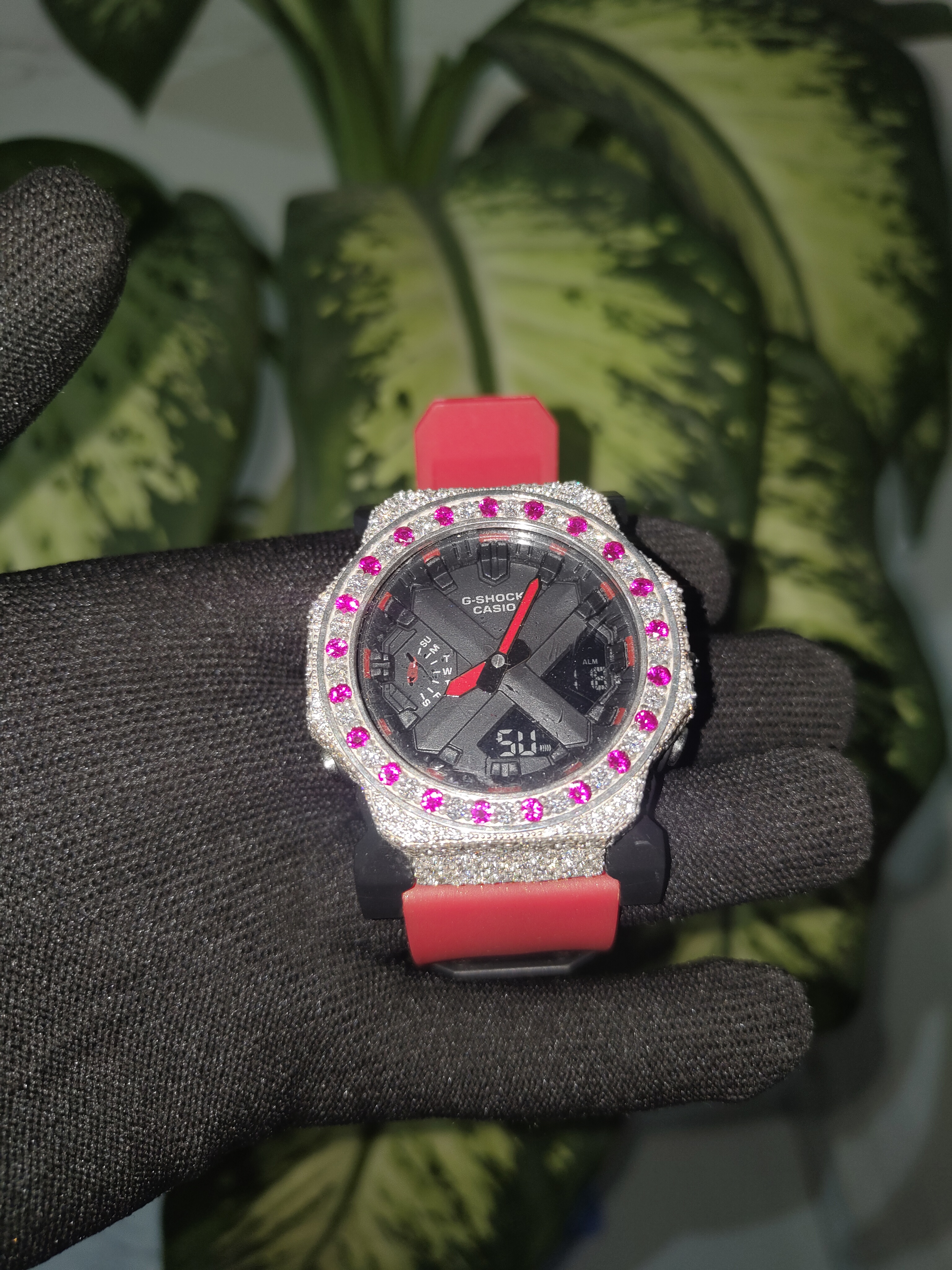 Custom G-Shock Watch | Iced Out Silver & Moissanite with Pink Stones | Red Strap Luxury G-Shock | Trendy Hip Hop Jewelry Gift
