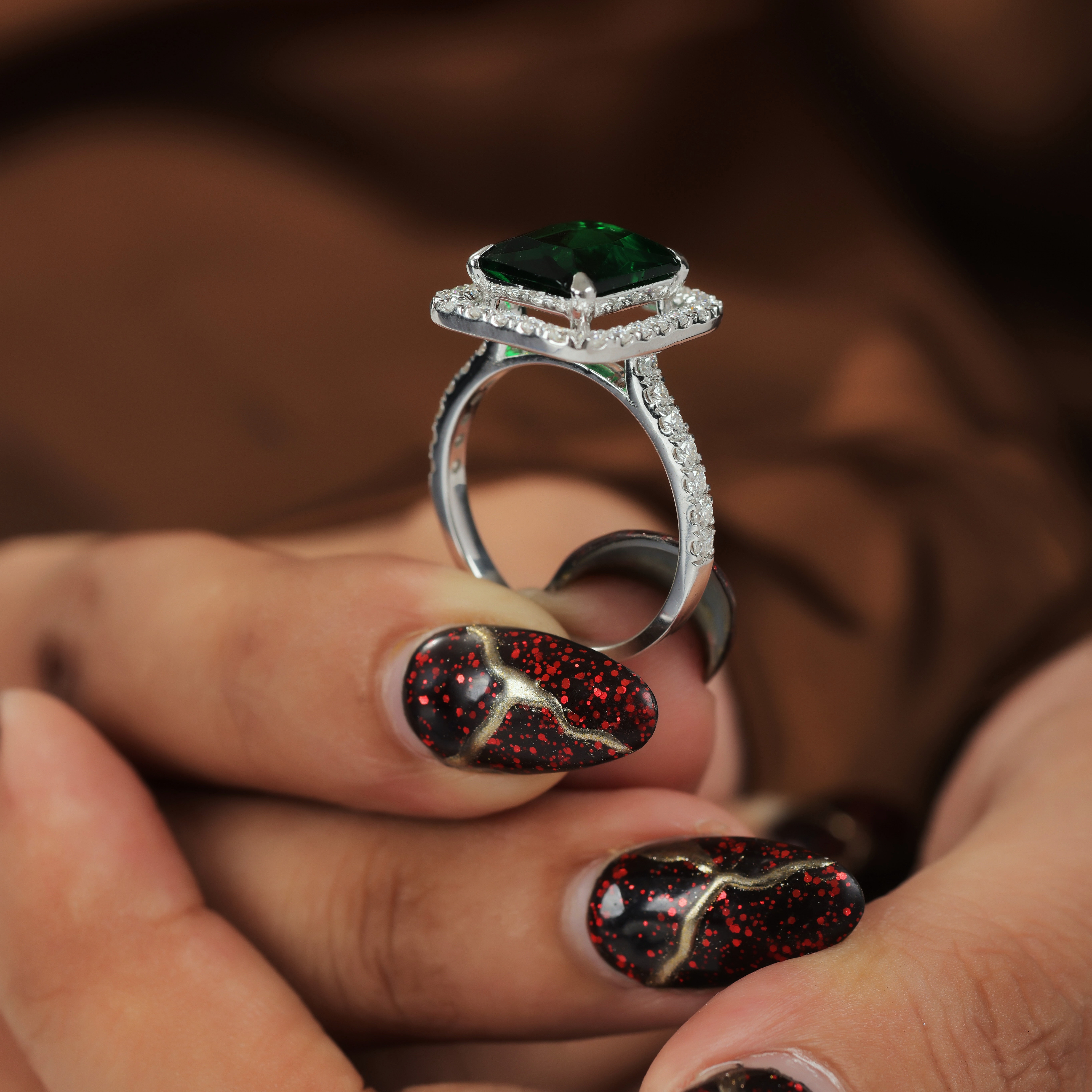 Emerald Green Gemstone & Moissanite Sterling Silver Statement Ring - Square Halo