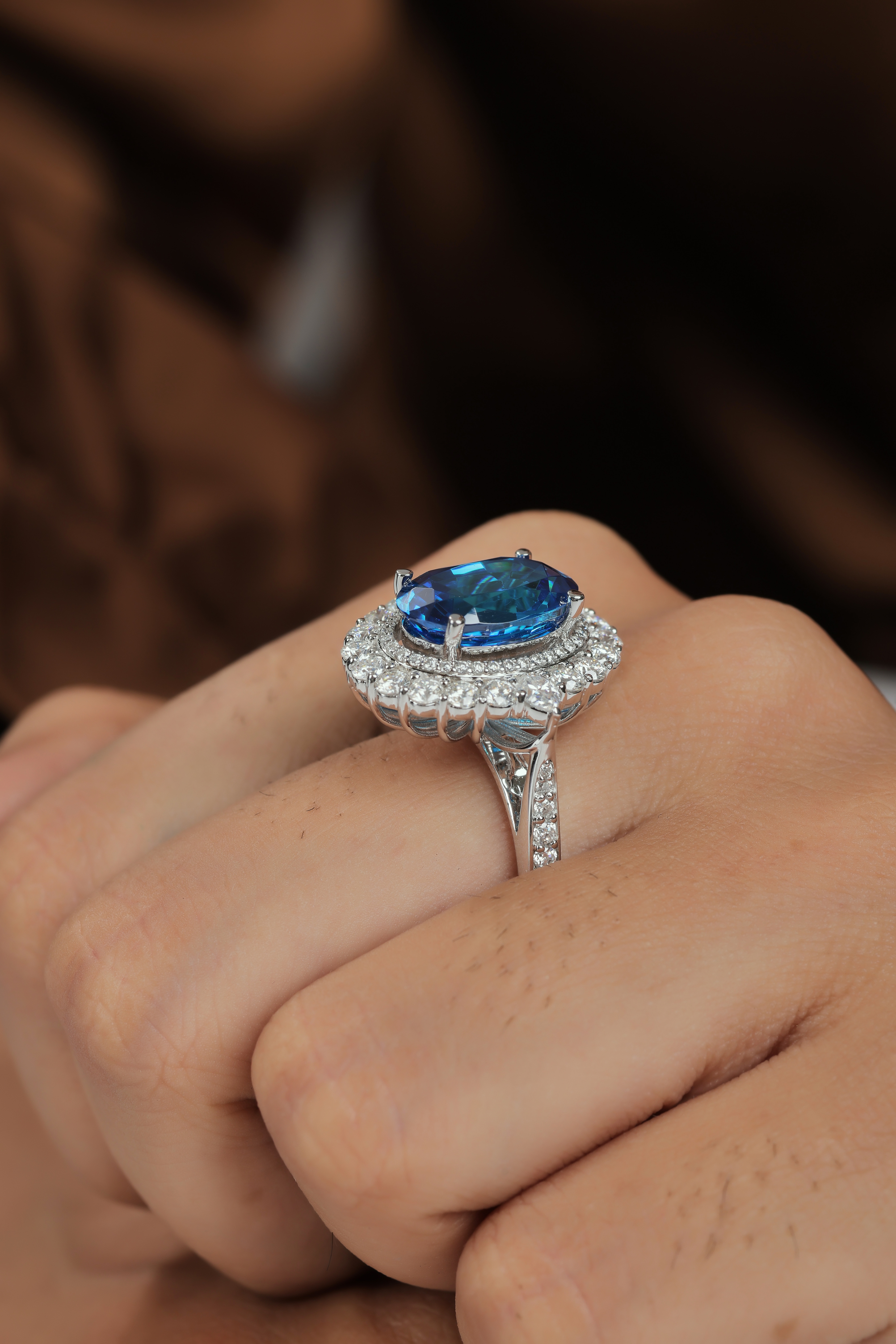 Blue Gemstone & White Moissanite Sterling Silver Statement Ring - Oval Halo Design