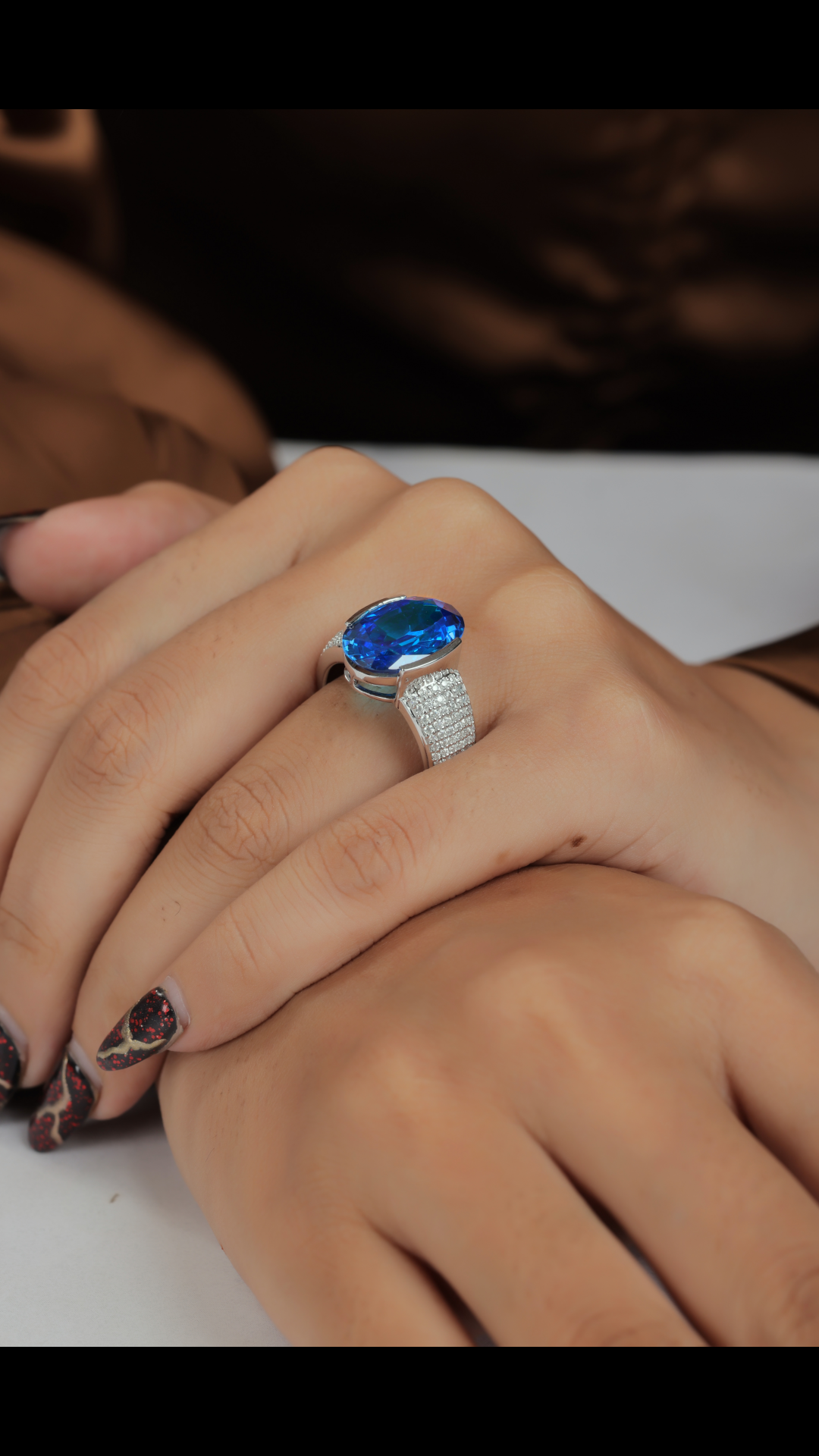 Horizontal Oval Blue Gemstone & Moissanite Sterling Silver Statement Ring
