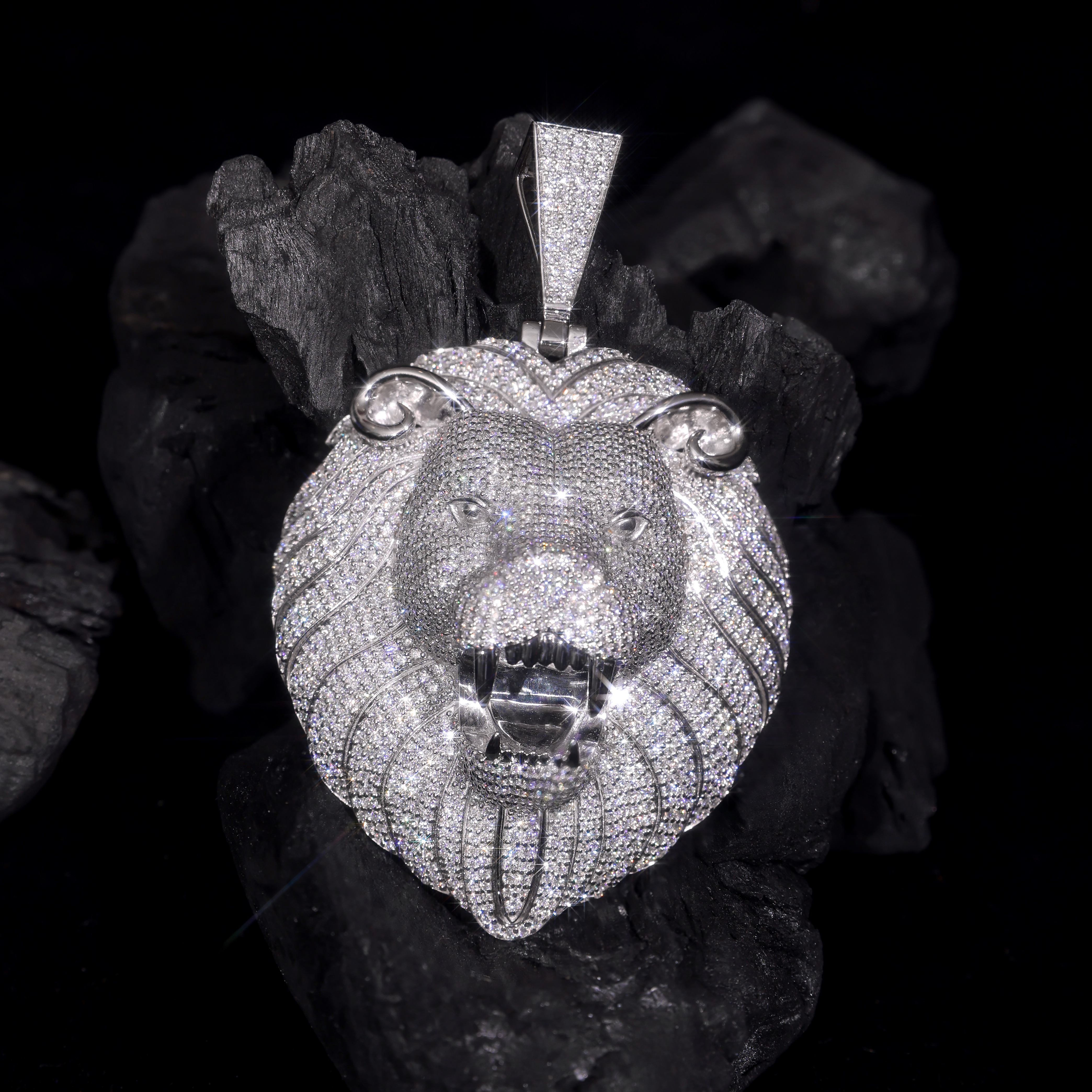 Majestic Lion Head Sterling Silver Pendant - Full Moissanite Dazzling Hip Hop Jewelry