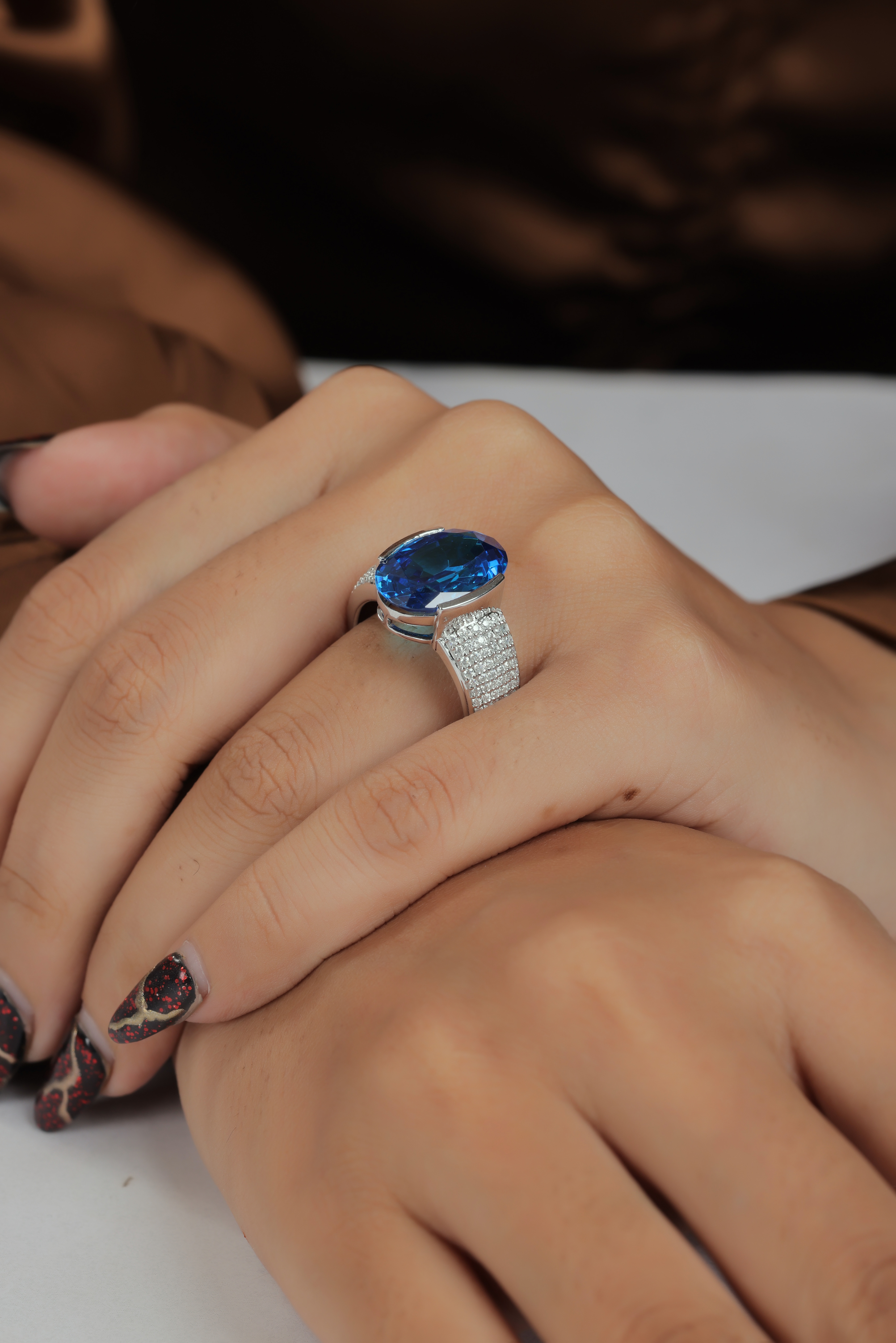 Horizontal Oval Blue Gemstone & Moissanite Sterling Silver Statement Ring