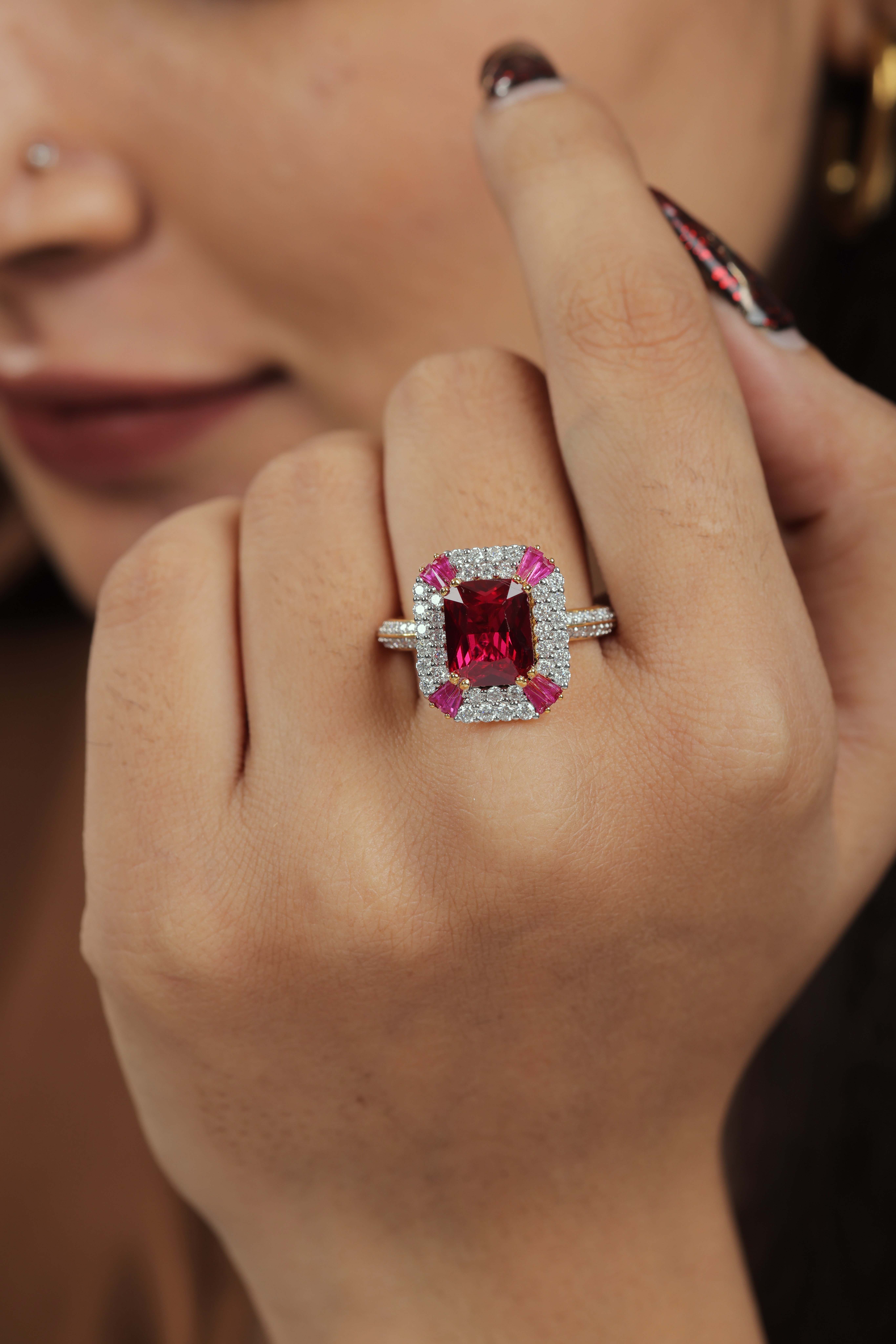 Red Gemstone & Moissanite Sterling Silver Statement Ring - Emerald Cut Halo