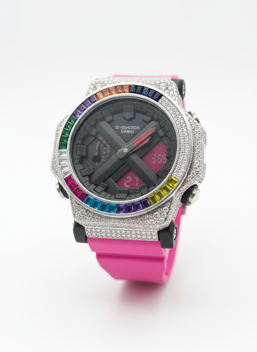 Custom G-Shock Watch | Silver & Moissanite Diamond Iced Out Rainbow Bezel | Luxury Casio G-Shock with Pink Strap | Unique Men’s & Women’s Gift