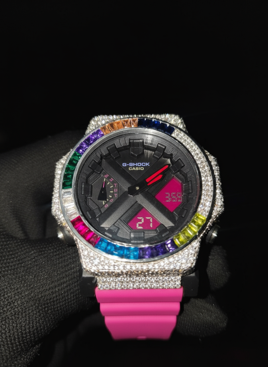 Custom G-Shock Watch | Silver & Moissanite Diamond Iced Out Rainbow Bezel | Luxury Casio G-Shock with Pink Strap | Unique Men’s & Women’s Gift