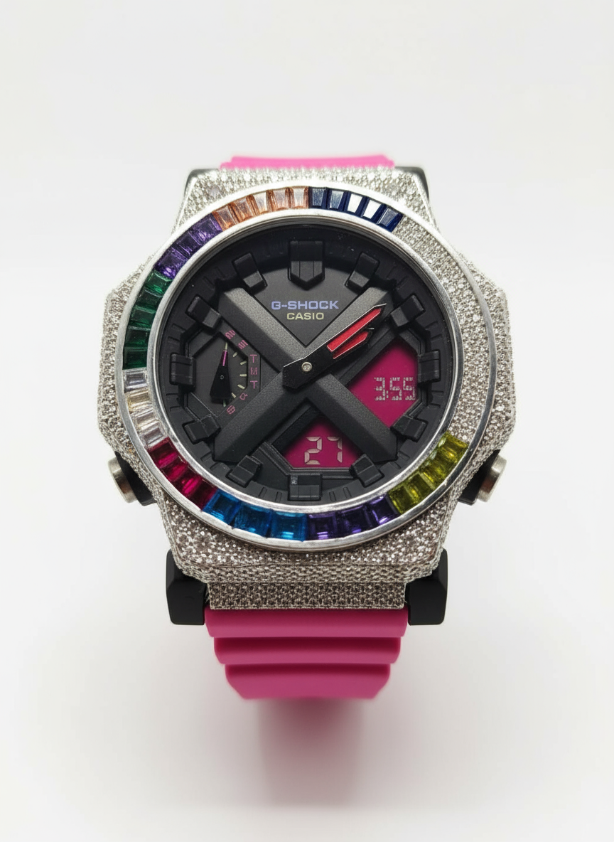 Custom G-Shock Watch | Silver & Moissanite Diamond Iced Out Rainbow Bezel | Luxury Casio G-Shock with Pink Strap | Unique Men’s & Women’s Gift