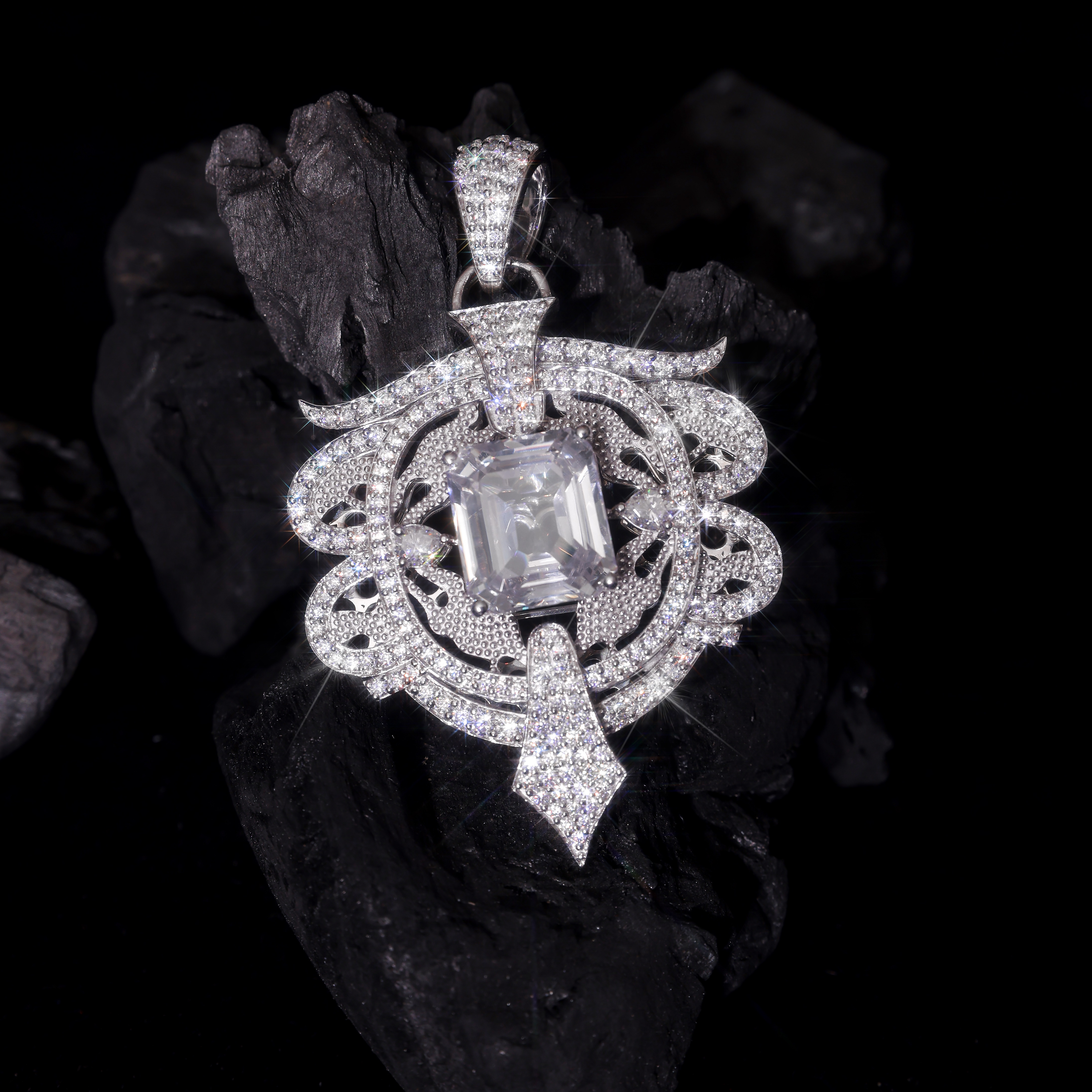 Art Deco Style Moissanite & Large Center Stone Sterling Silver Pendant - 35 Grams