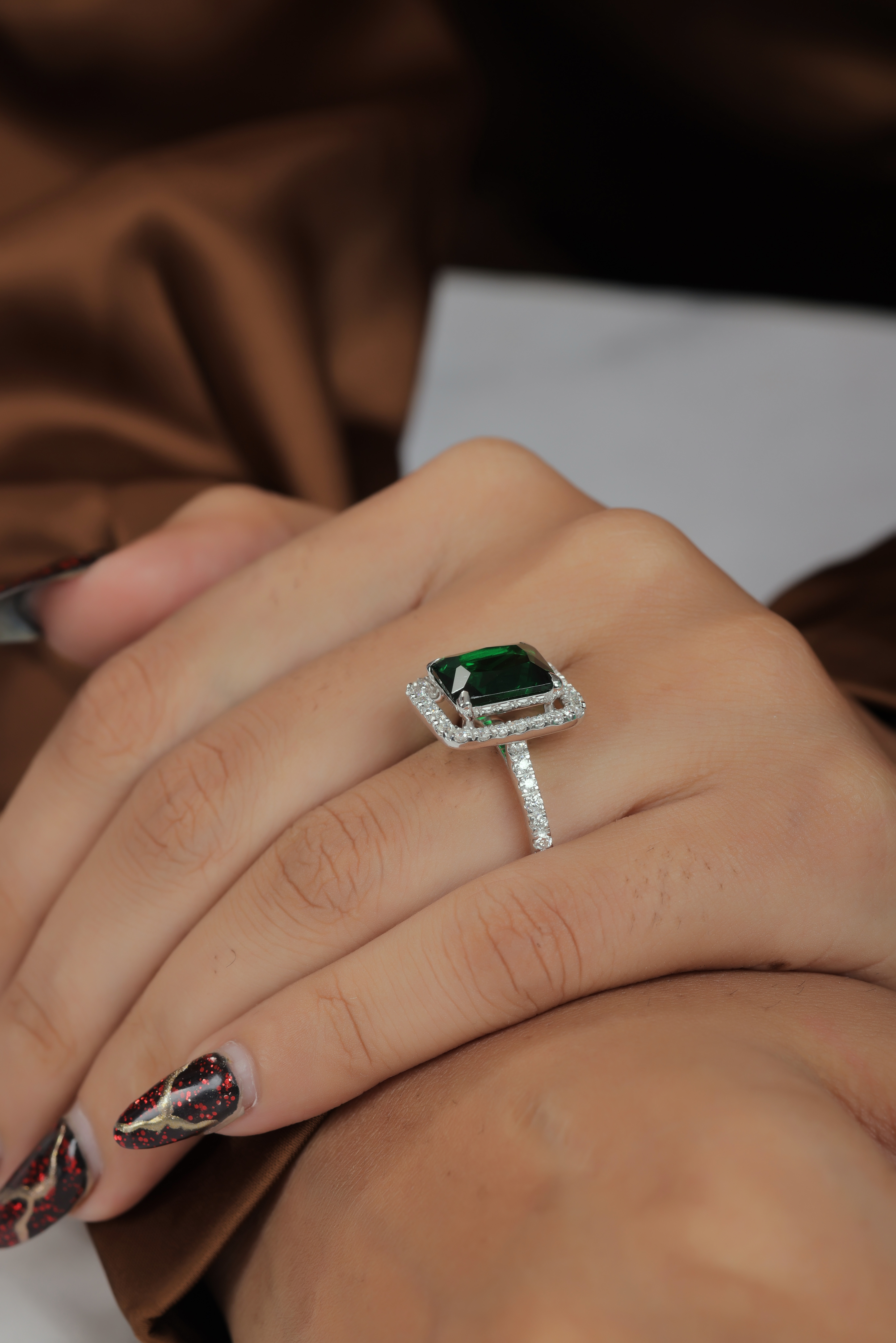 Emerald Green Gemstone & Moissanite Sterling Silver Statement Ring - Square Halo
