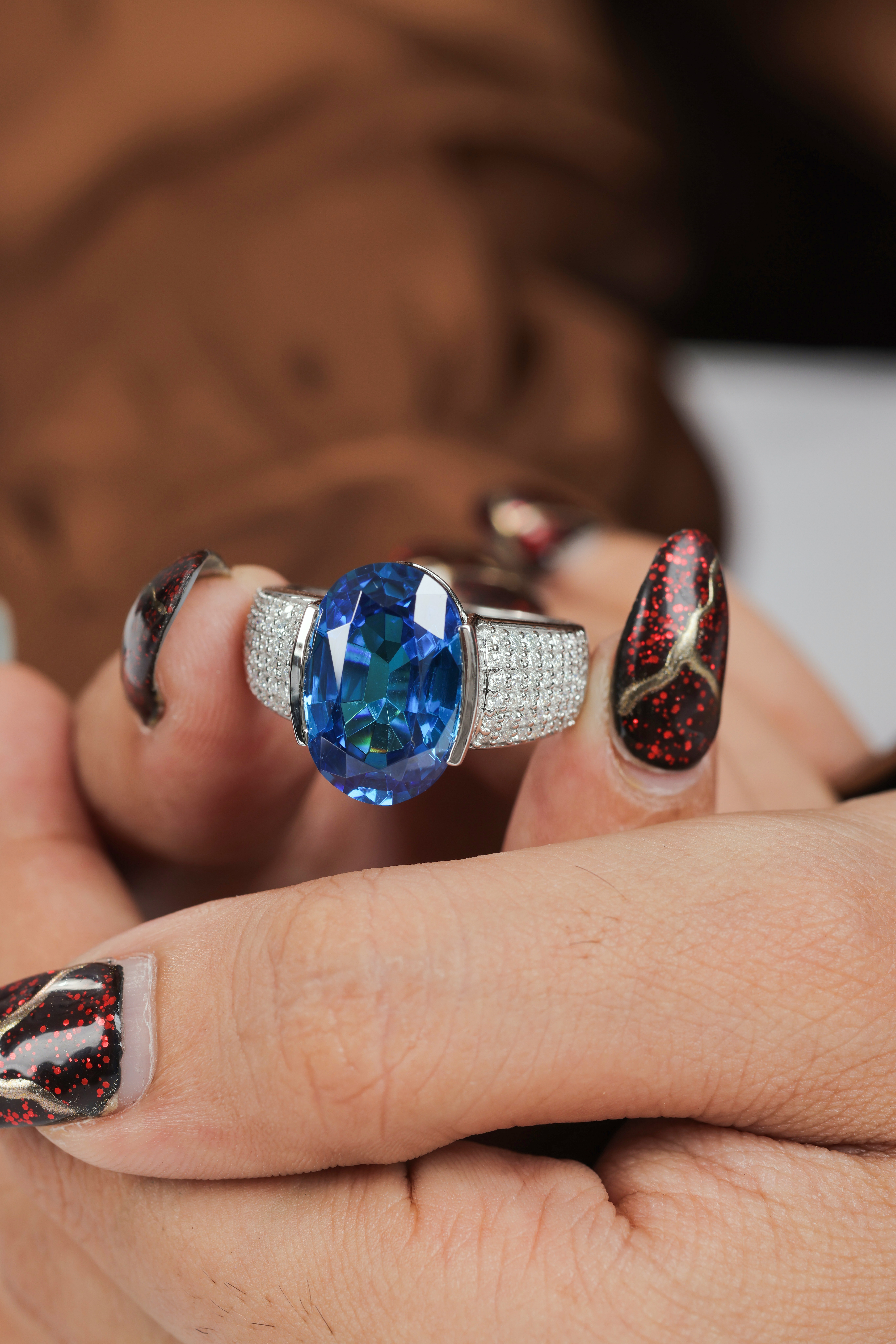 Horizontal Oval Blue Gemstone & Moissanite Sterling Silver Statement Ring