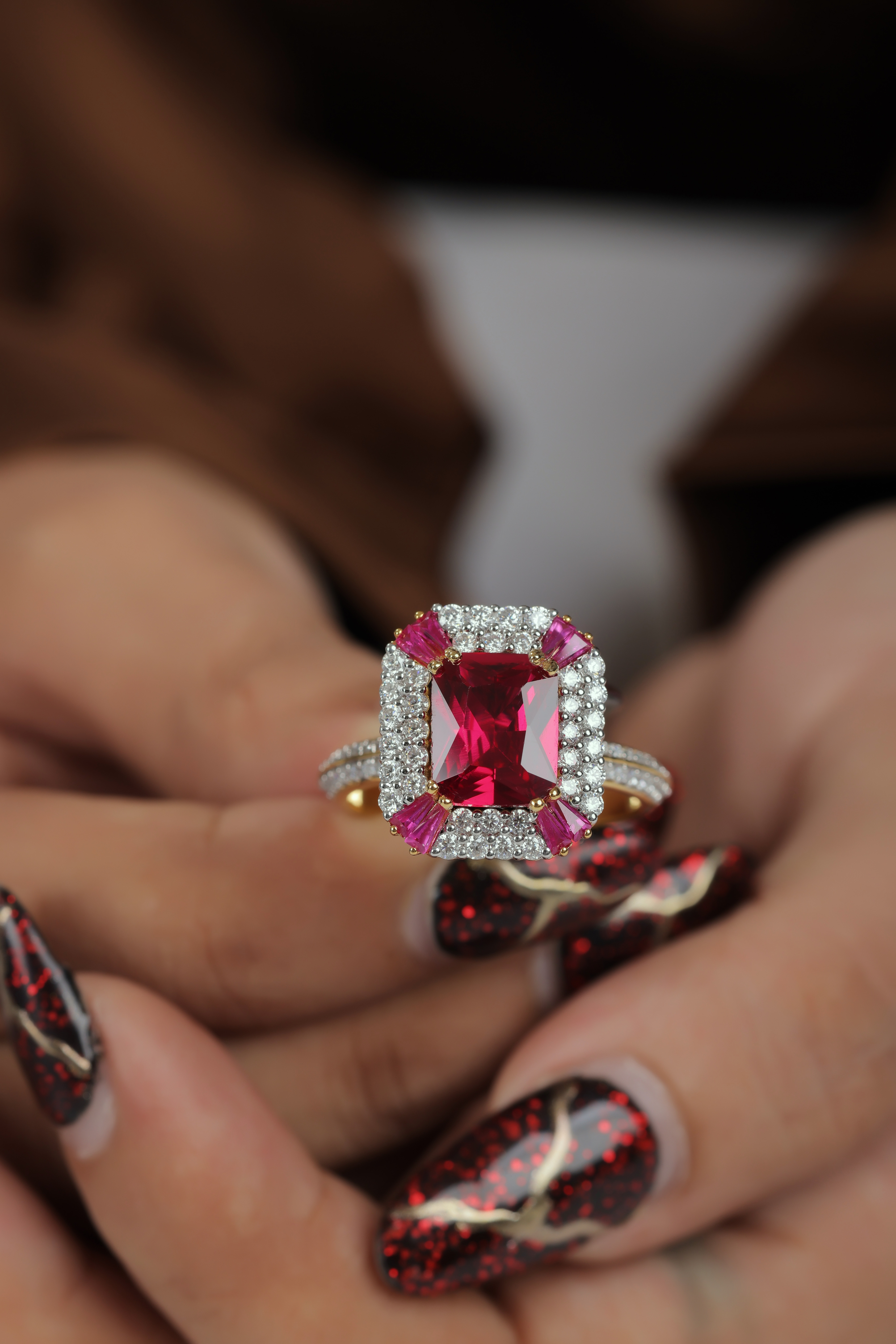 Red Gemstone & Moissanite Sterling Silver Statement Ring - Emerald Cut Halo