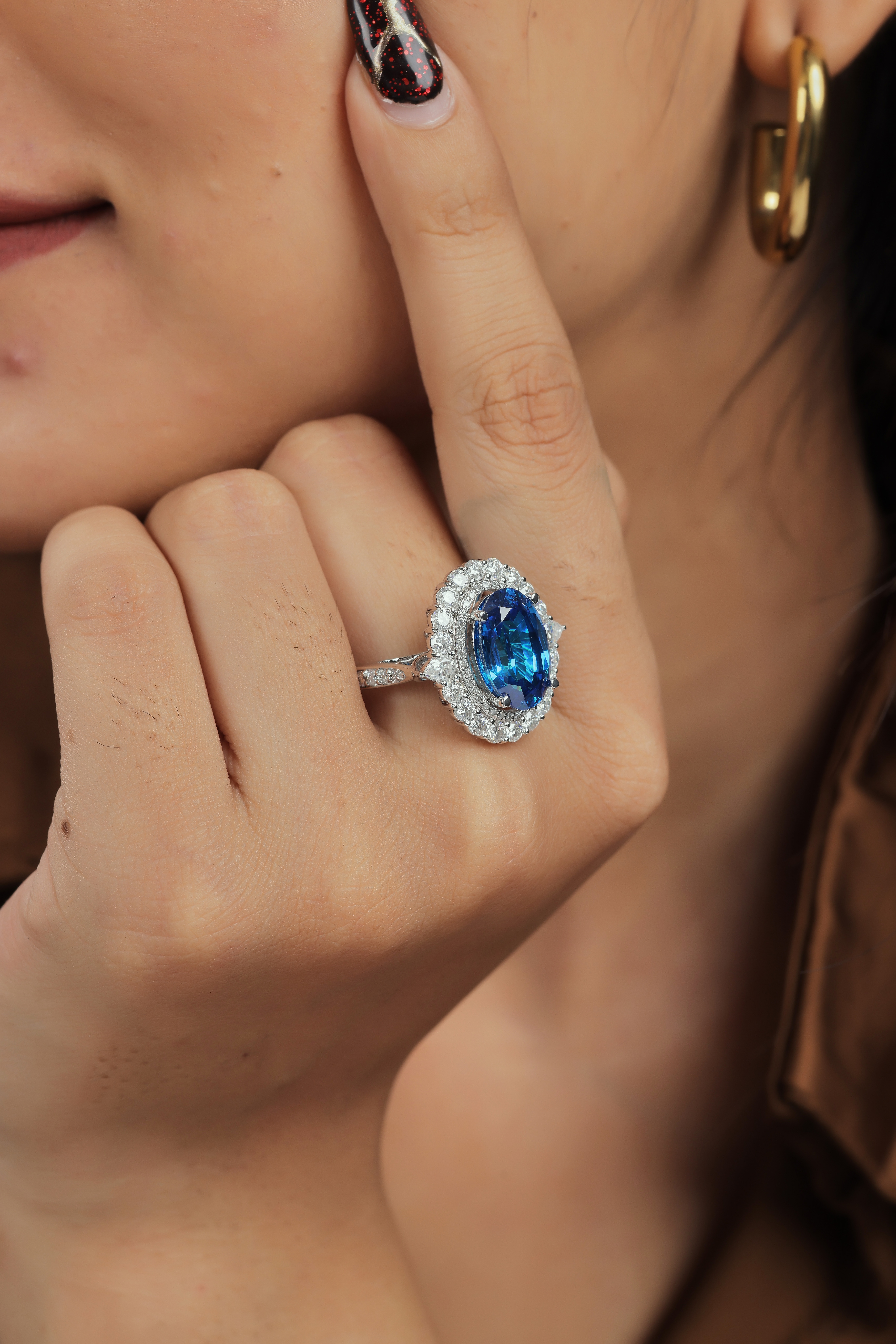 Blue Gemstone & White Moissanite Sterling Silver Statement Ring - Oval Halo Design