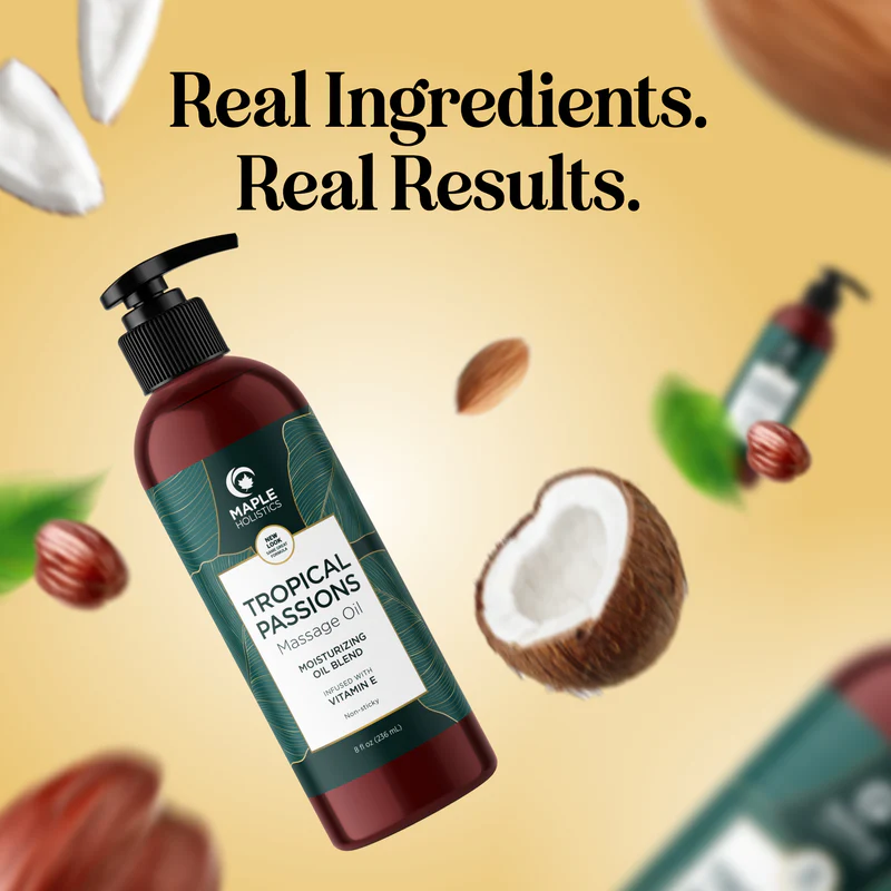  Maple Holistics - ropical Sensual Massage Oil for Couples - Complete Relaxation Full Body Massage Oil for Date Night with Smooth Gliding Coconut and Sweet Almond Oil with Mango Scent