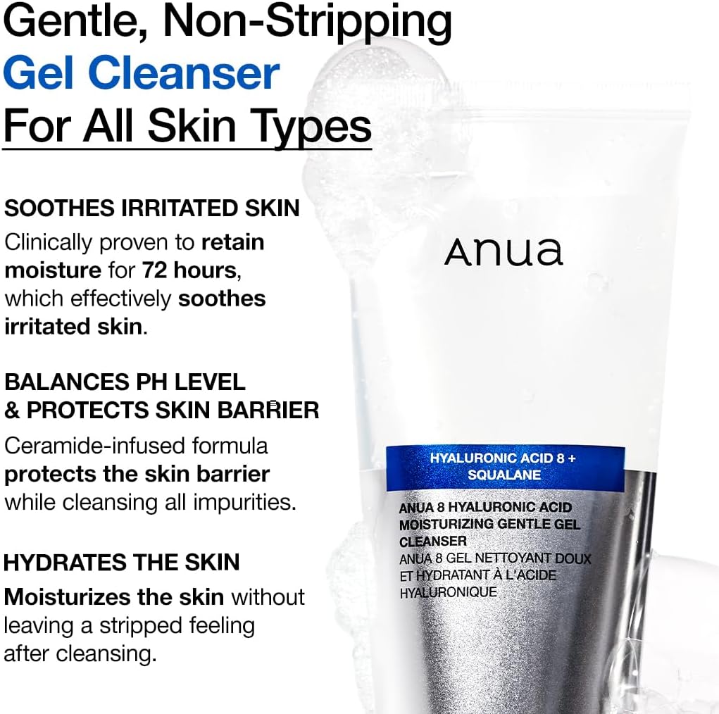 ANUA Moisturizing Gentle Gel Cleanser, for daily hydrating foaming gel face wash, exfoliating with Hyaluronic Acid+Squalane, cleanser for combination skin, Korean Skincare 150ml