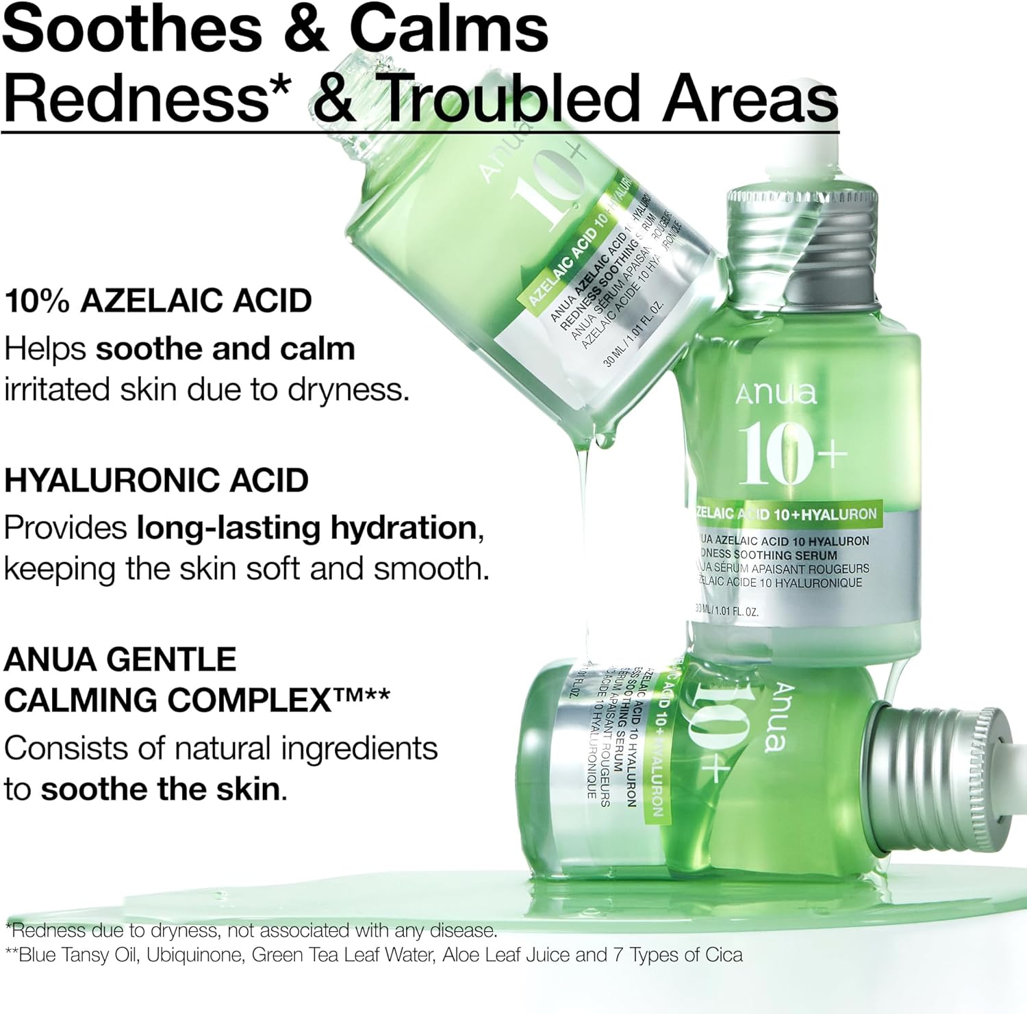 Anua Azelaic Acid 10 Hyaluron Redness Soothing Serum, Facial Serum for Sensitive skin, Hyaluronic Acid, Niacinamide, Spot Care, Natural Color, Vegan, Korean Skincare