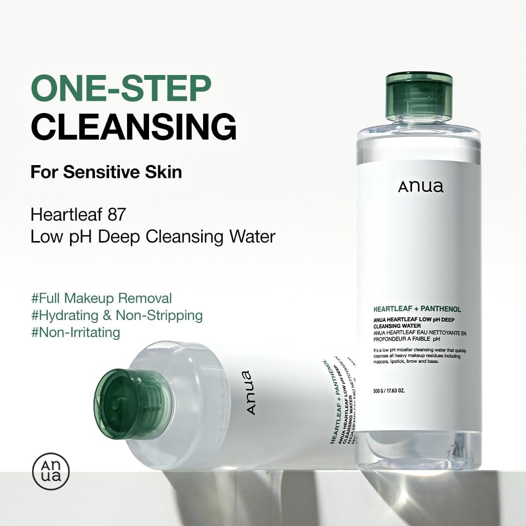 ANUA Heartleaf Low pH Deep Cleansing Water, Micella Water, Panthenol, Squalane, Makeup Remover for Sensitive Skin, Korean Skin Care, 500g