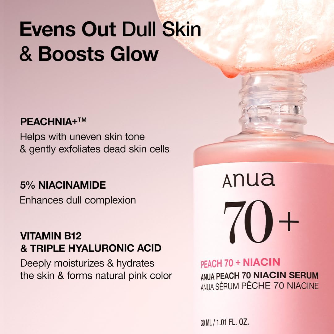 ANUA Peach 70 Niacinamide Serum, Lightweight Hydration for Dry Skin, Vitamin B12, Hyaluronic Acid, Glass Skin, Dewy Finish, Natural Pink Color, Korean Skin Care