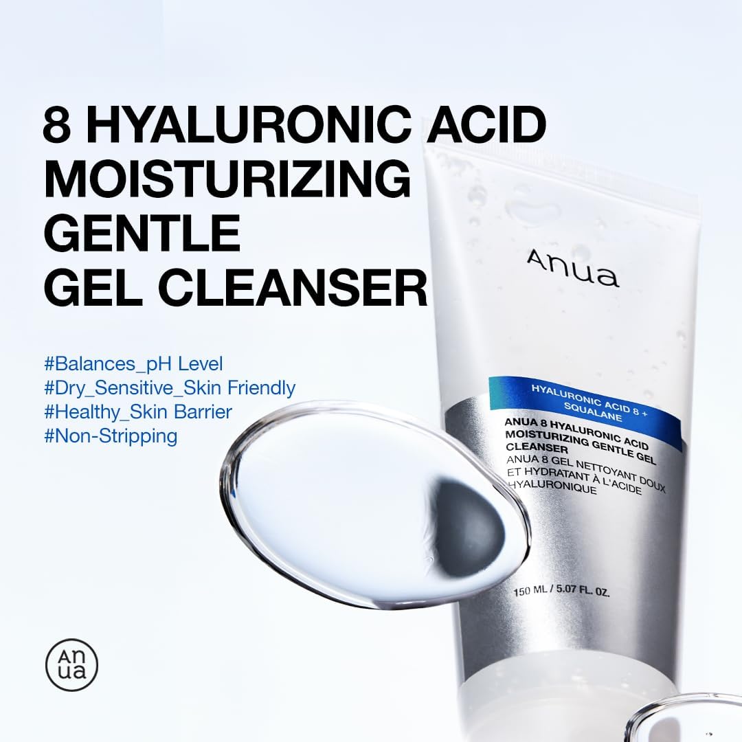 ANUA Moisturizing Gentle Gel Cleanser, for daily hydrating foaming gel face wash, exfoliating with Hyaluronic Acid+Squalane, cleanser for combination skin, Korean Skincare 150ml