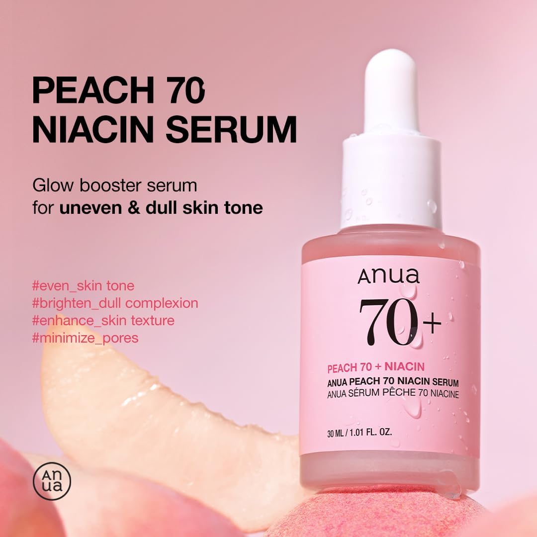 ANUA Peach 70 Niacinamide Serum, Lightweight Hydration for Dry Skin, Vitamin B12, Hyaluronic Acid, Glass Skin, Dewy Finish, Natural Pink Color, Korean Skin Care