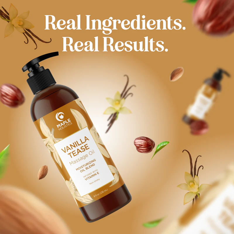Maple Holistics Vanilla Sensual Massage Oil for Couples - Irresistible Full Body Massage Oil for Date Night with Smooth Gliding Coconut and Sweet Almond Oil with Dreamy Vanilla Scent - Non GMO Gluten Free and Vegan