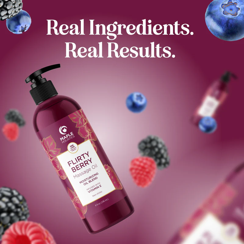 Maple Holistics - Berry Sensual Massage Oil for Couples - Fun and Fruity Full Body Massage Oil for Date Night with Smooth Gliding Coconut and Sweet Almond Oil with Tempting Berry Scent - Non GMO Gluten Free and Vegan