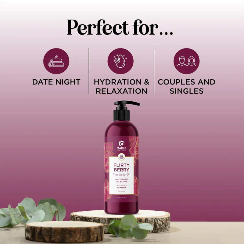 Maple Holistics - Berry Sensual Massage Oil for Couples - Fun and Fruity Full Body Massage Oil for Date Night with Smooth Gliding Coconut and Sweet Almond Oil with Tempting Berry Scent - Non GMO Gluten Free and Vegan